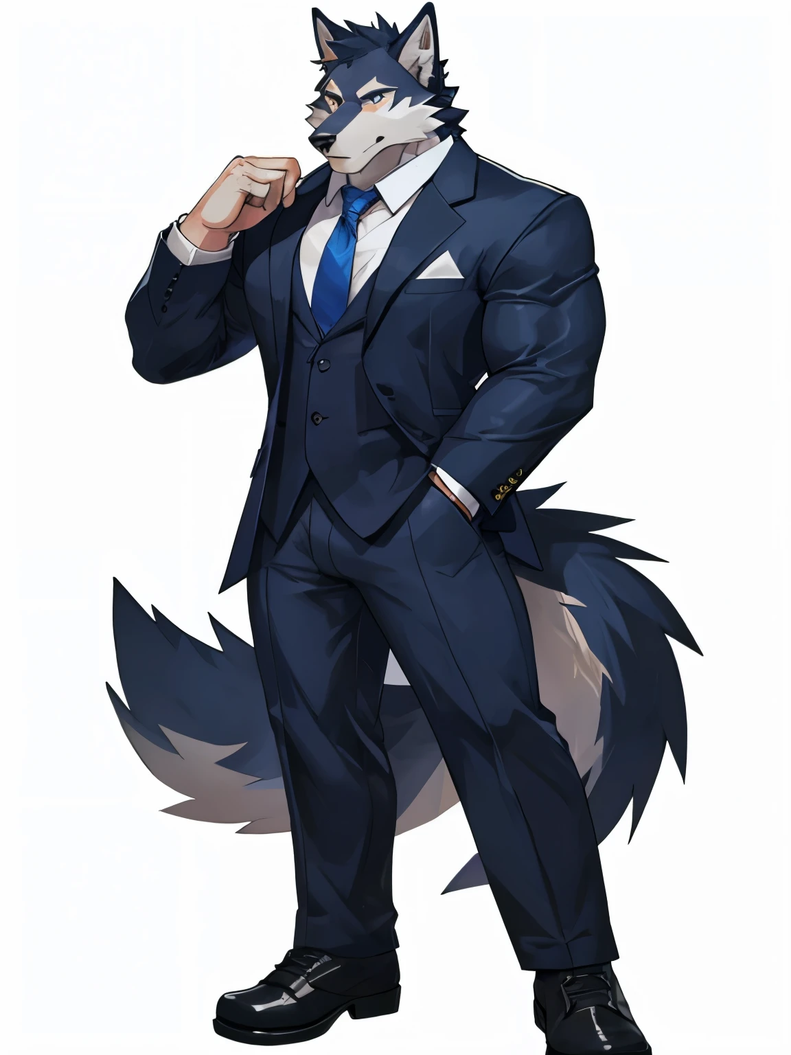 Wolf, good looking, male, anthro, business suit, ultradetailed, solo, muscles, simple background, white background, tail, two-tone fur, casual, cool pose,