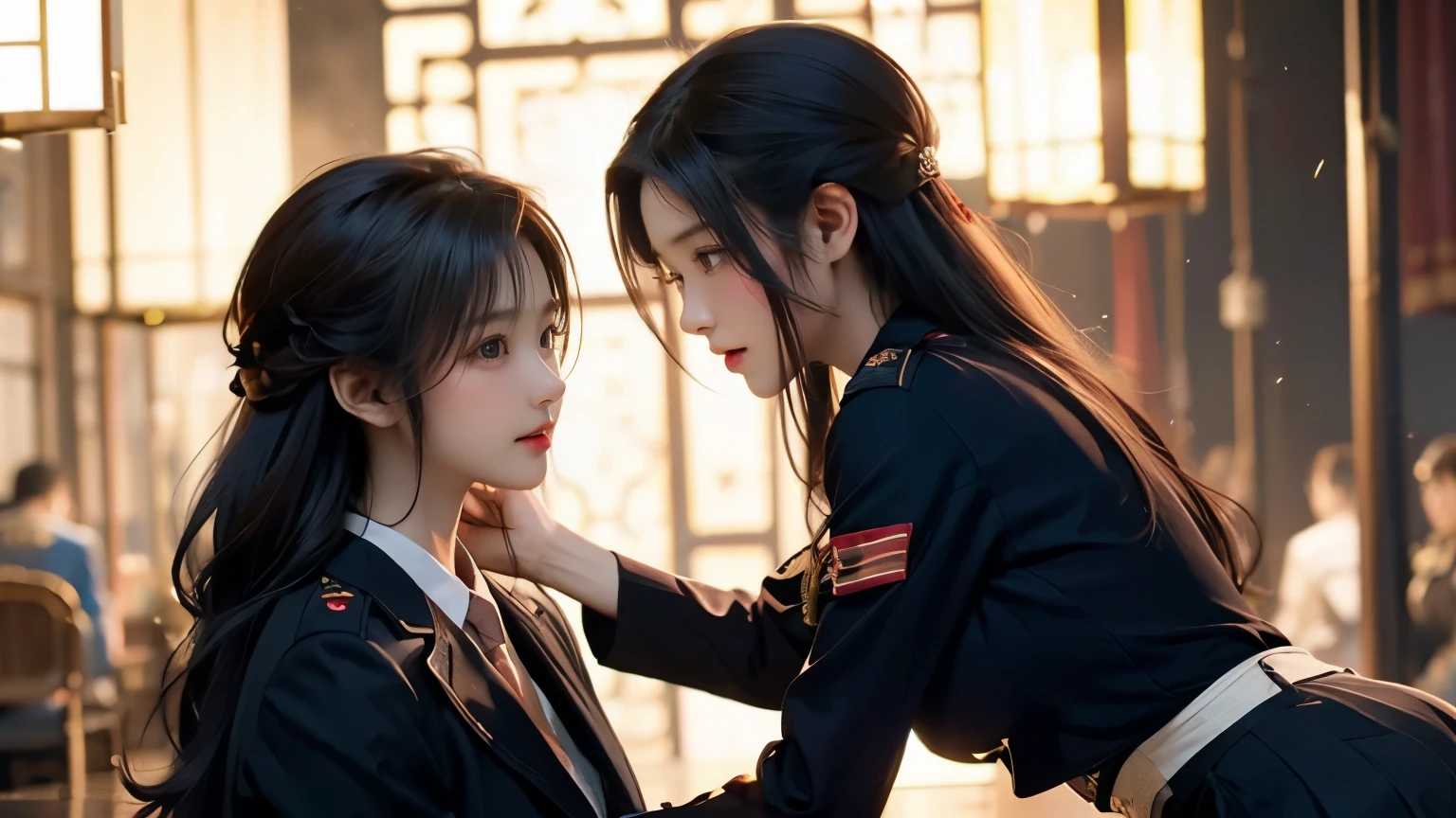 A beautiful girl in military uniform is fighting a man in a suit、Beautiful girls are dominant、A girl cuts a man with a sword、super model girl、miniskirt military uniform、Perfect build、Overwhelming power、blood flows from a man、Killing each other、Kill formations、A girl who feels superior、battlefield、On the one hand, girls have an advantage.、massacre、Overwhelming difference in ability