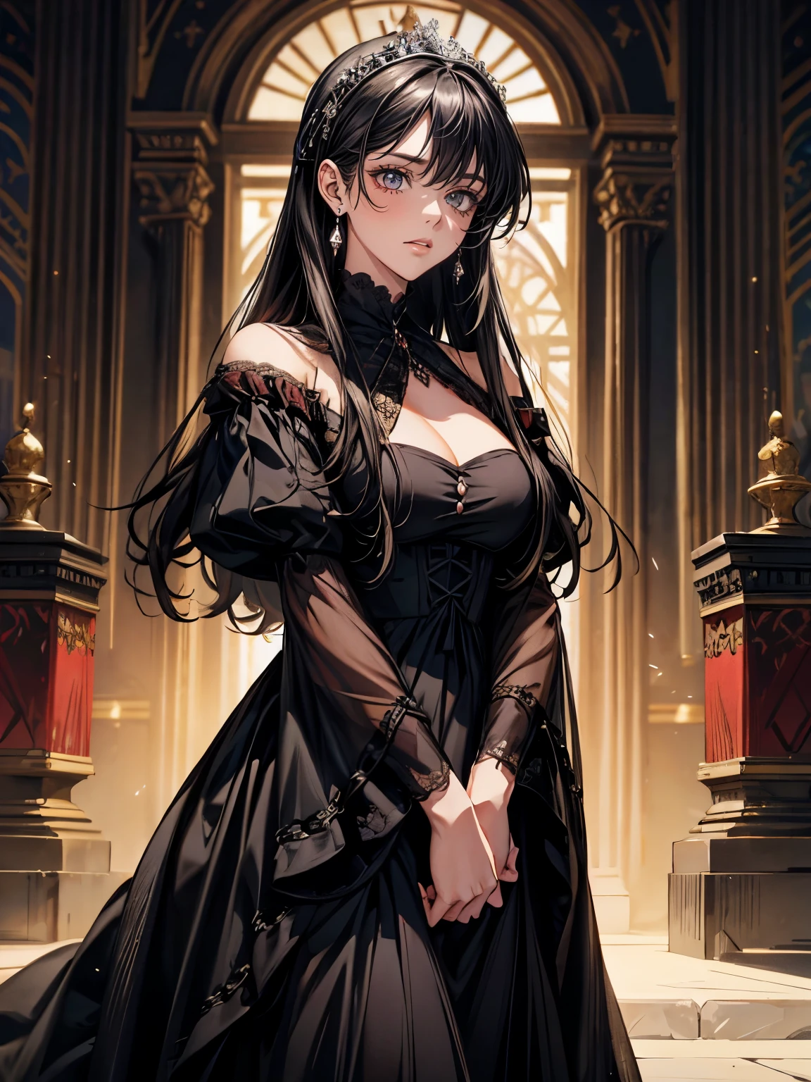 {background：Solid white},{Serious expression}，Solo，female，1girl，{red eyes},｛Wearing black evening dress｝，Mature，Royal sister，sexy，European aristocracy，Beautiful，long black hair，European people，Ruby earrings