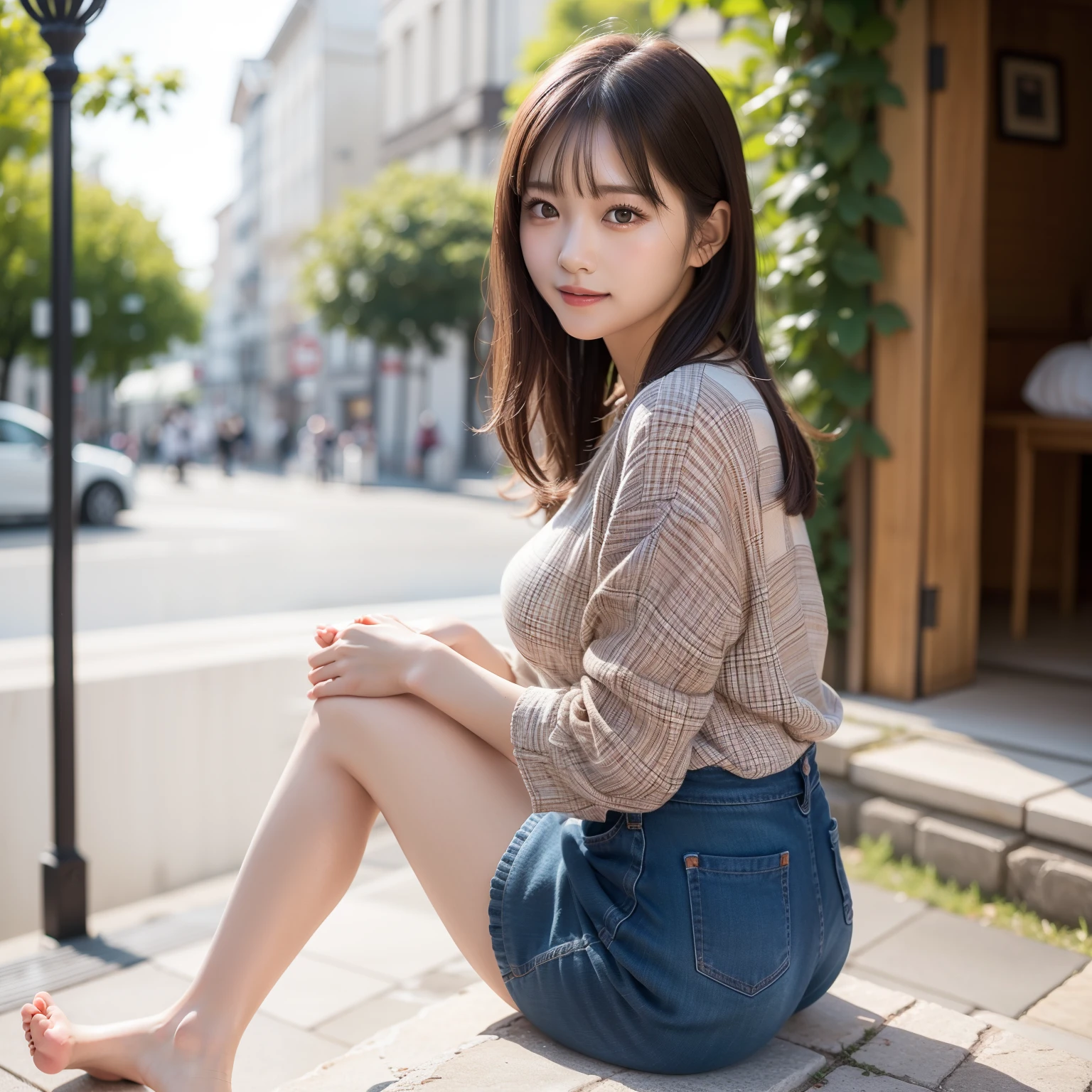 8K,highest quality:1.4,advanced details、 ultra high resolution:1.5, (realistic:1.4),masterpiece:1.2,(highest quality:1.4)、 sightseeing photography、(background is blurry), garden,full body photo:1.8、standing pose:1.2、photo with feet in it、 1 Japanese girl, cute, (alone), (shy smile), smooth skin、cute clothes、checked mini skirt:1.3、fashionable clothes、 (brown medium hair,bangs), (touch hair:1.4)、Nogizaka、cute、(30 years old:1.2)、beautiful feet:1.6、supple fingertips、Realistic fingers、beautiful black eyes:1.2、natural skin texture:1.3, Realistic eye and face details:1.7、medium breasts、look at the audience,sculpture installation、French twist、from back、