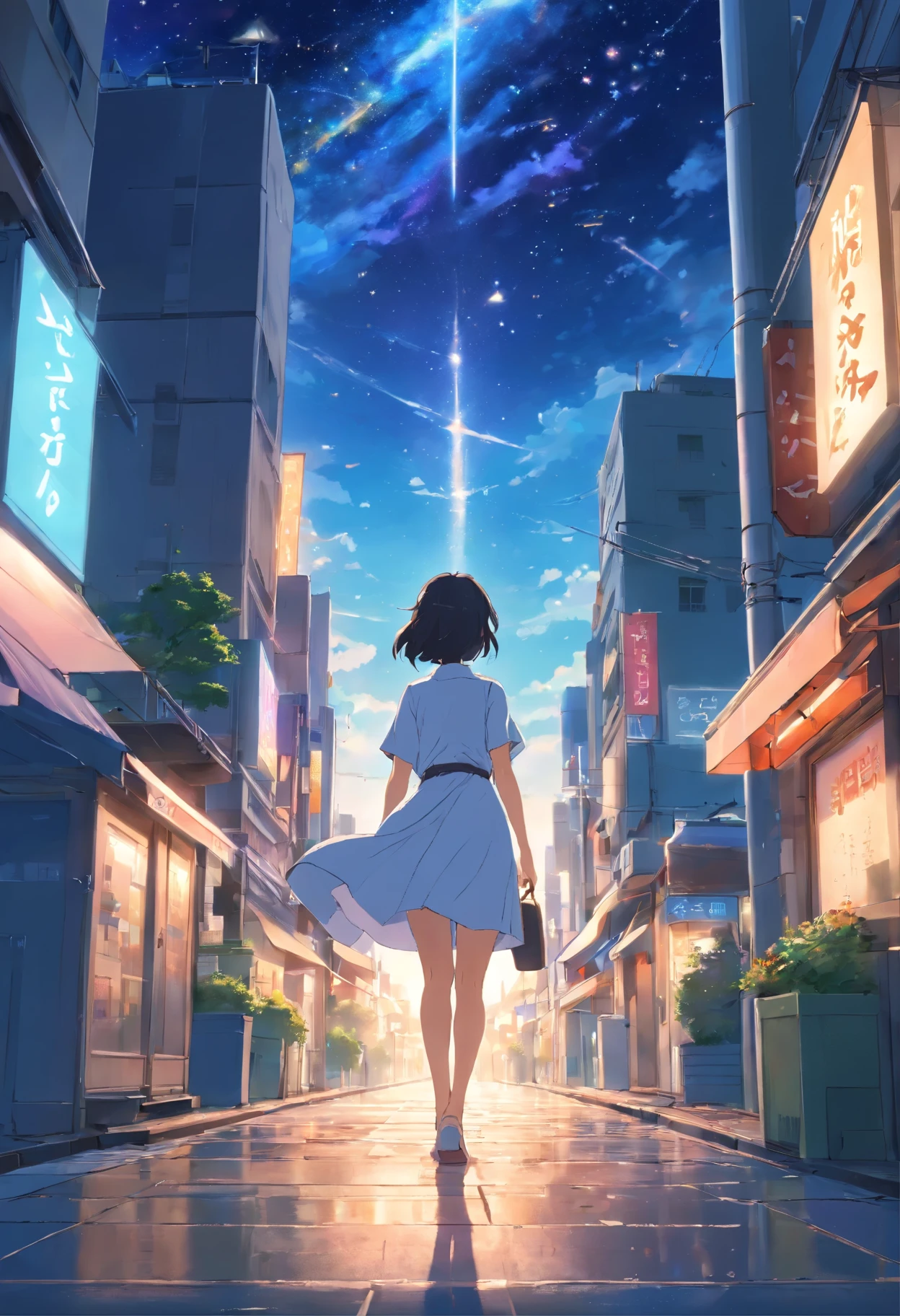Behind a woman walking towards the city、White Shirt Dress、Casket、starry sky、2 days and months、夢のようなWind景、from far away、Wind景メイン、building street、Near future、Wind、Tokyo city