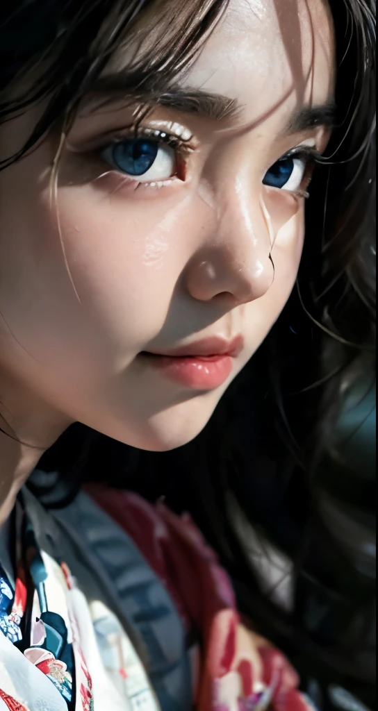 Beautiful flirtatiously smiling Asian, a very busty ronin wearing gold lace kimono, Meiji restoration, blue eyes, yojimbo, cleavage, HD, UHD, WLOP, Artgerm, braided hairstyle, large anime eyes, realistic eyes, highly detailed eyes, natural skin, natural skin texture, subsurface scattering, muted colors, skin pores, perfect face, perfect eyes, perfect full lips, supple female form, vivid, cinematic, Film light, Hyper detailed, Hyper-realistic, masterpiece, atmospheric, High resolution, Vibrant, High contrast, dark angle, 8k, HDR, 500px