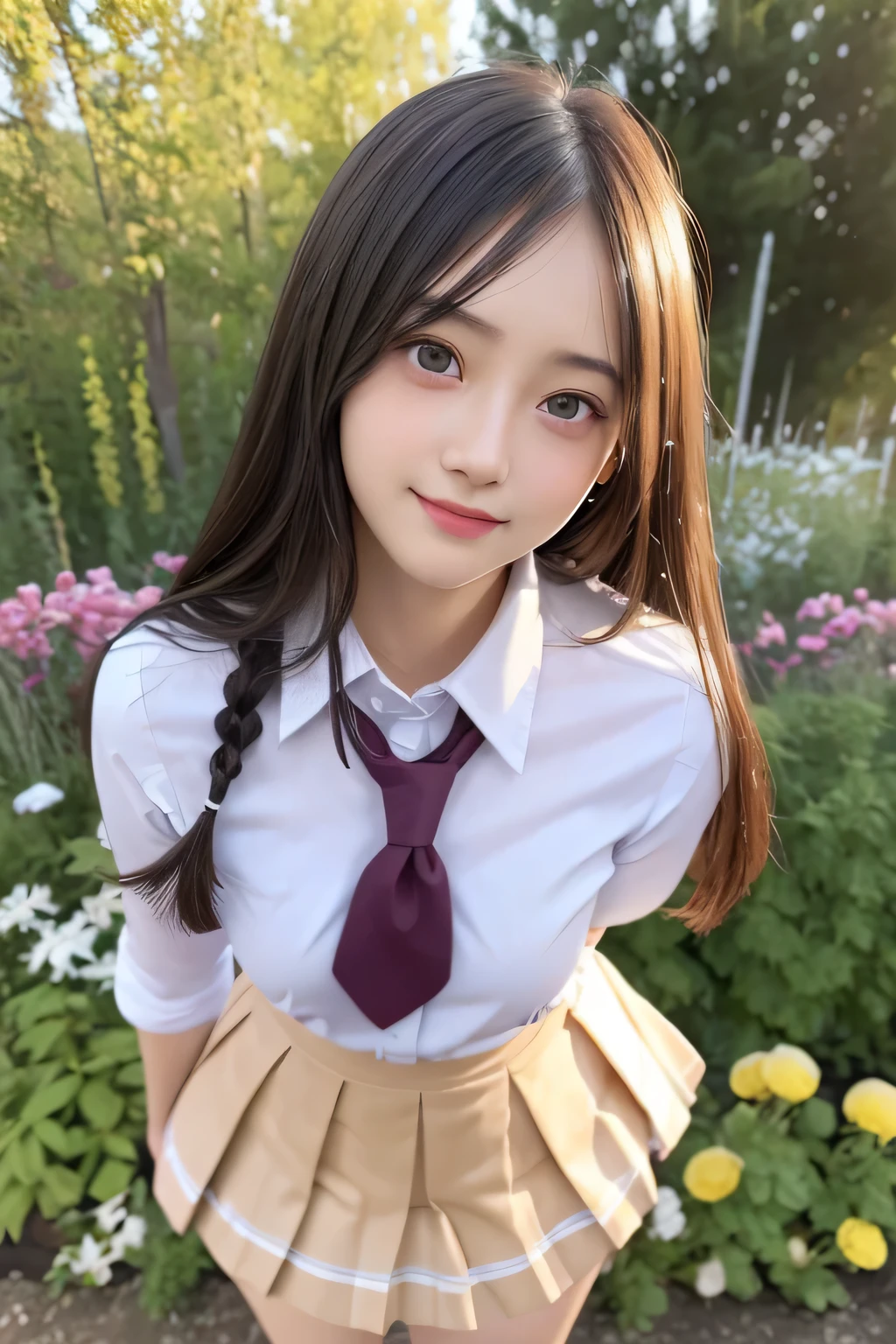 pieces fly、masterpiece、highest quality、Super detailed、High resolution、High resolution、8K portrait、unity 8k wallpaper、Detailed CG、unity 8k wallpaper、Detailed CGユニティ8kの壁紙、realistic、real person、portrait photography、shiny skin、(26 years old)、High resolution、beautiful clear eyes、very detailed explanation、delicate face、nice lips、thin waist、thin legs、1 girl、(school uniform:1.4)、(pleated skirt:1.2)、(small breasts:1.2)、(smile:1.2)、(garden:1.2)