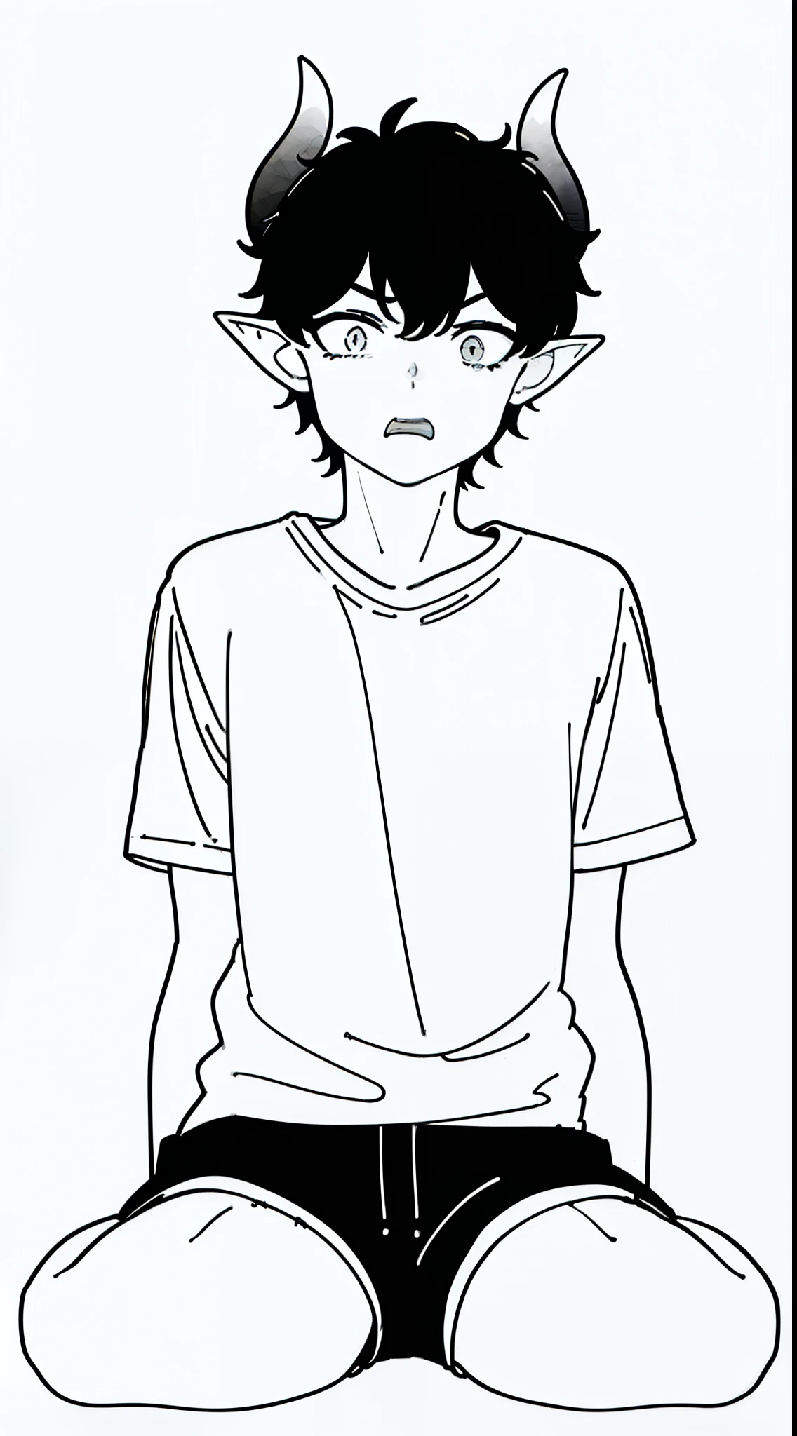 (((1boy,8 years,solo))),((dark skin)),((white shirt,short sleeves,black shorts,black hair,elf ears,(horns),cowboy shot,(white background,line drawing),sitting,constricted pupils,small pupile,scared,open mouth,form front,(fear)