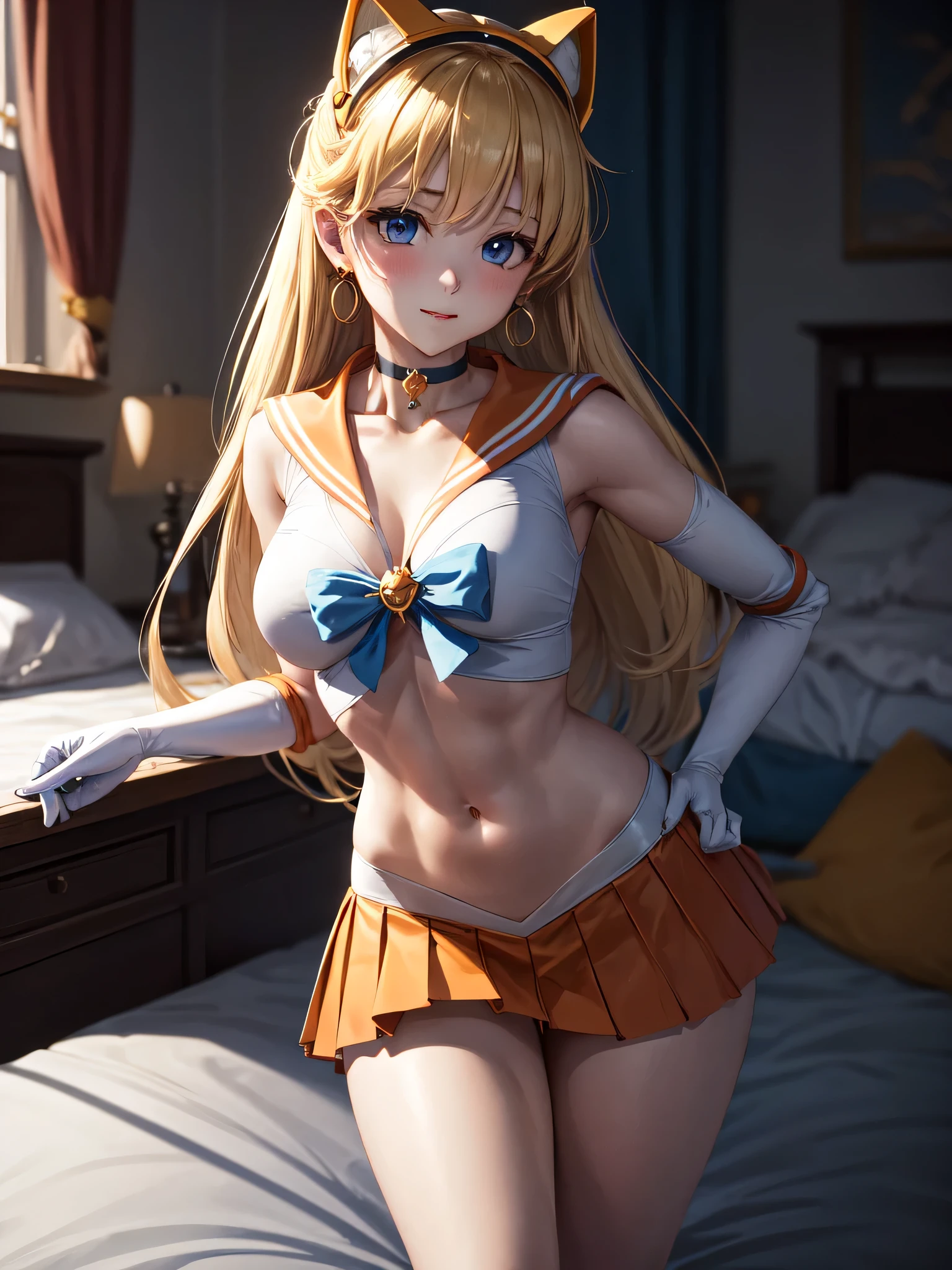 Masterpiece, Best Quality, High Resolution, Venus1, 1Girl, Solo, Sailor Warrior Uniform, Sailor Venus, Minako Aino, Blonde, Magical Girl, Blue Eyes, Orange Skirt, Elbow Gloves, Headgear, Pleated Skirt, Orange Sailor Collar, Miniskirt, Choker, Orange Choker, White Gloves, Extra Long Hair, Jewelry, Earrings, (((85mm Lens))), Facing the Camera, Gentle Expression, sexy nude model, sexy pose, (midium chest), (Perfect Body Proportions), (bedroom), Mekosuji,