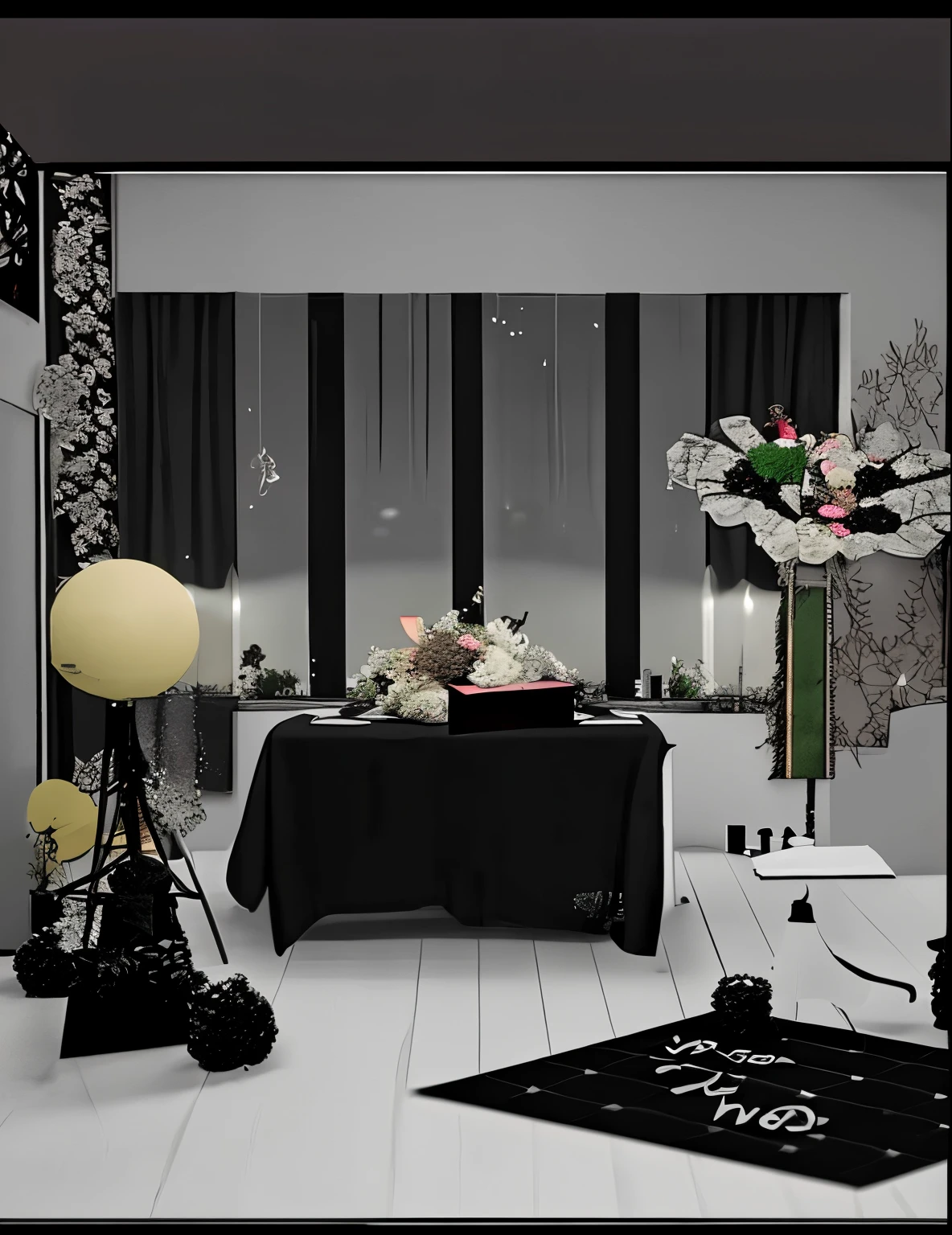 valentine&#39;s day　live-action　highest quality　Grand prize winning work　background is blurry　Inside the black-toned top floor room on a dark night　Indirect lighting for movies　A bouquet of flowers wrapped in beautiful paper and a small box with a ribbon next to it sit on a large table by the window overlooking the night view.