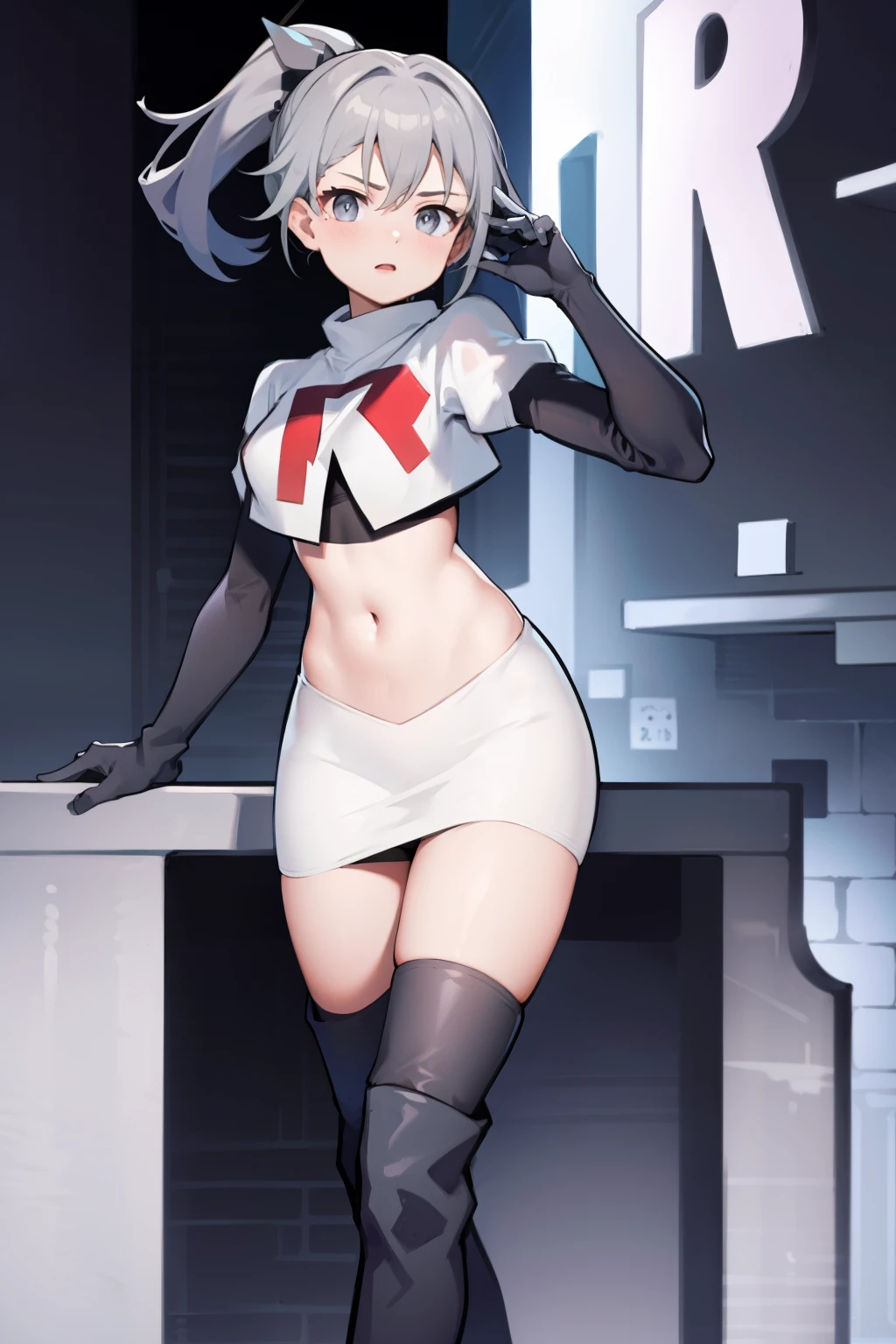 SilverwolfV5, grey eyes,team rocket,team rocket uniform,white skirt,crop top,black thigh-high boots,black elbow gloves,