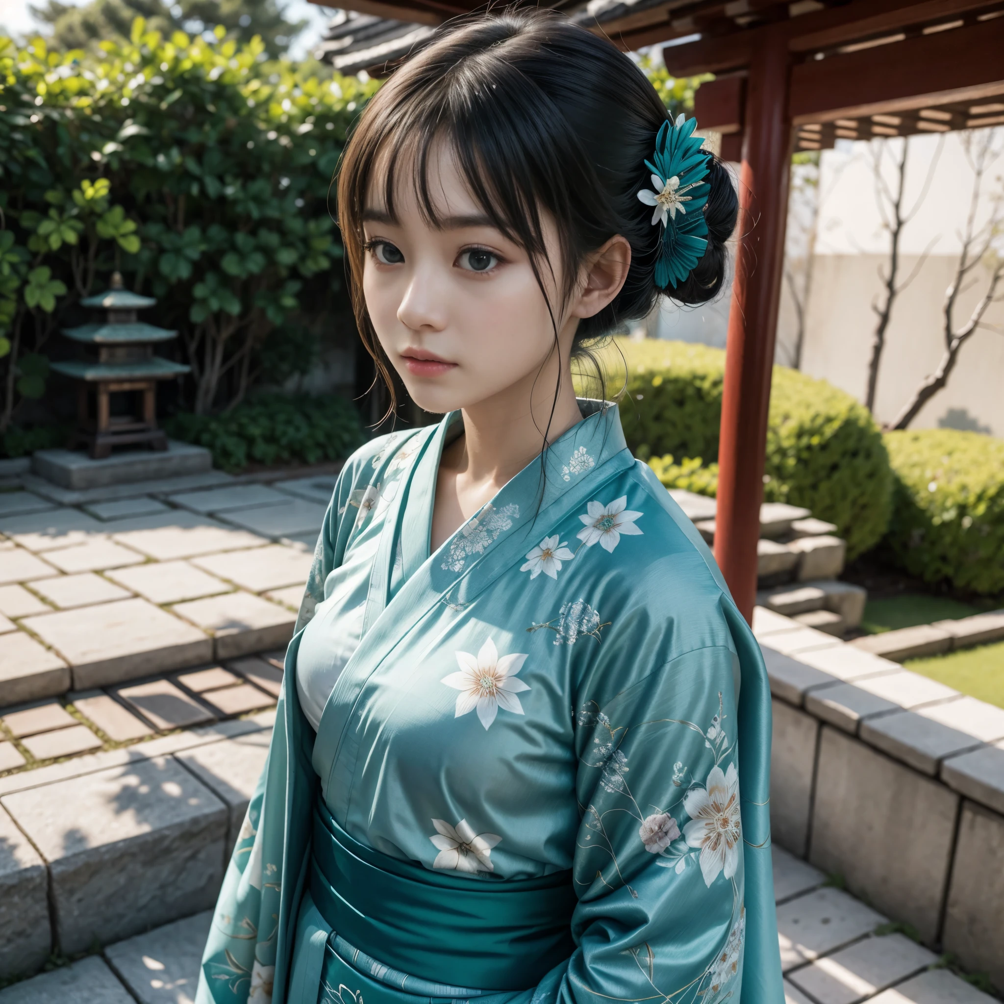 1girl, solo, from above, (white lily flowers), aesthetic, intricate, best quality, detailed background, Sayaka Miki, ((girl wearing a patterned teal kimono:1.2)), (walking in zen garden), casual pose, detailed textures, posing, floral print, hair flower, hair ornament, japanese clothes, kimono, obi, outdoors, pagoda, petals, (teal kimono), sash, shrine, sky, stone stairs, torii, wide sleeves, yukata