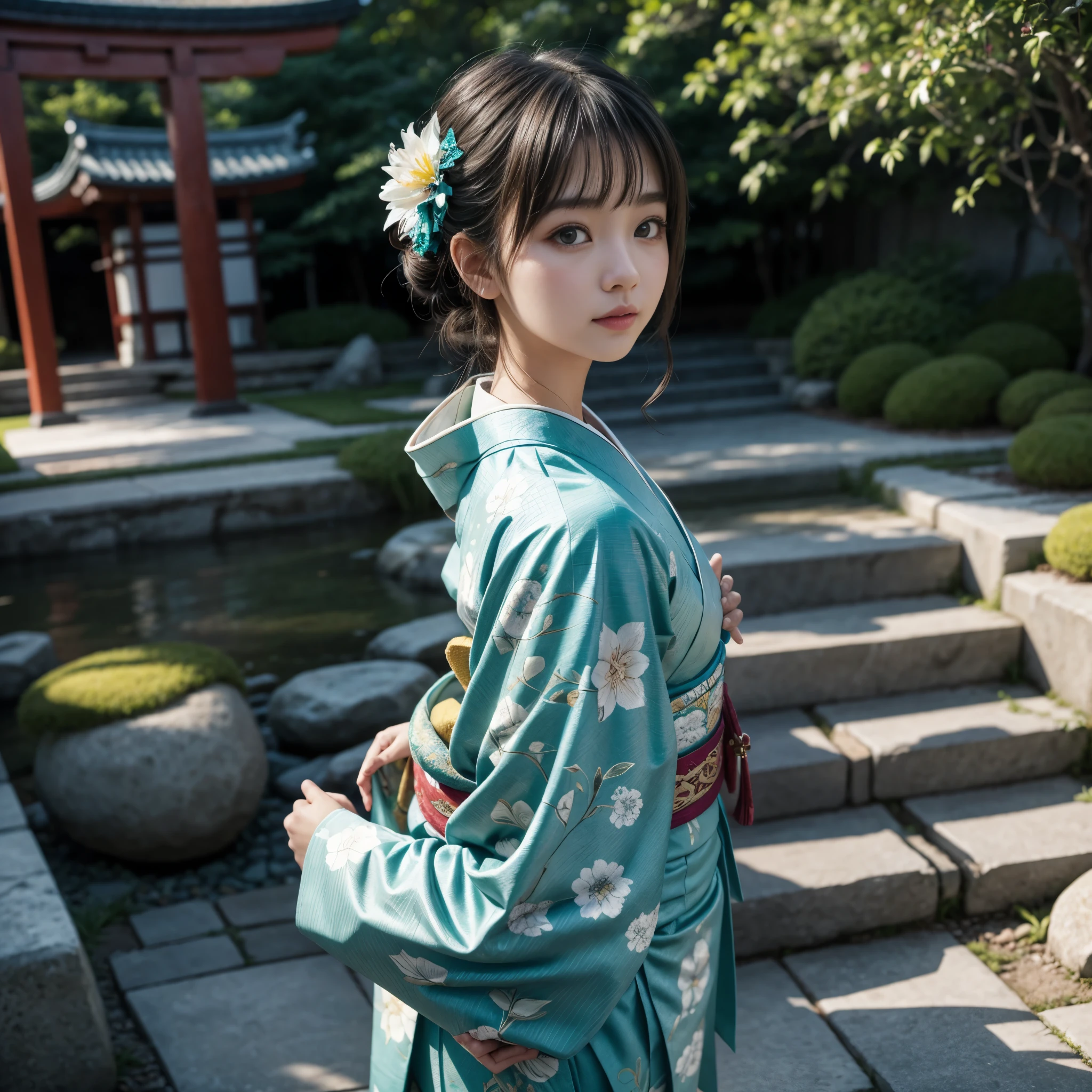 1girl, solo, from above, (white lily flowers), aesthetic, intricate, best quality, detailed background, Sayaka Miki, ((girl wearing a patterned teal kimono:1.2)), (walking in zen garden),  casual pose, detailed textures, posing, floral print, hair flower, hair ornament, japanese clothes, kimono, obi, outdoors, pagoda, petals, (teal kimono), sash, shrine, sky, stone stairs, torii, wide sleeves, yukata 