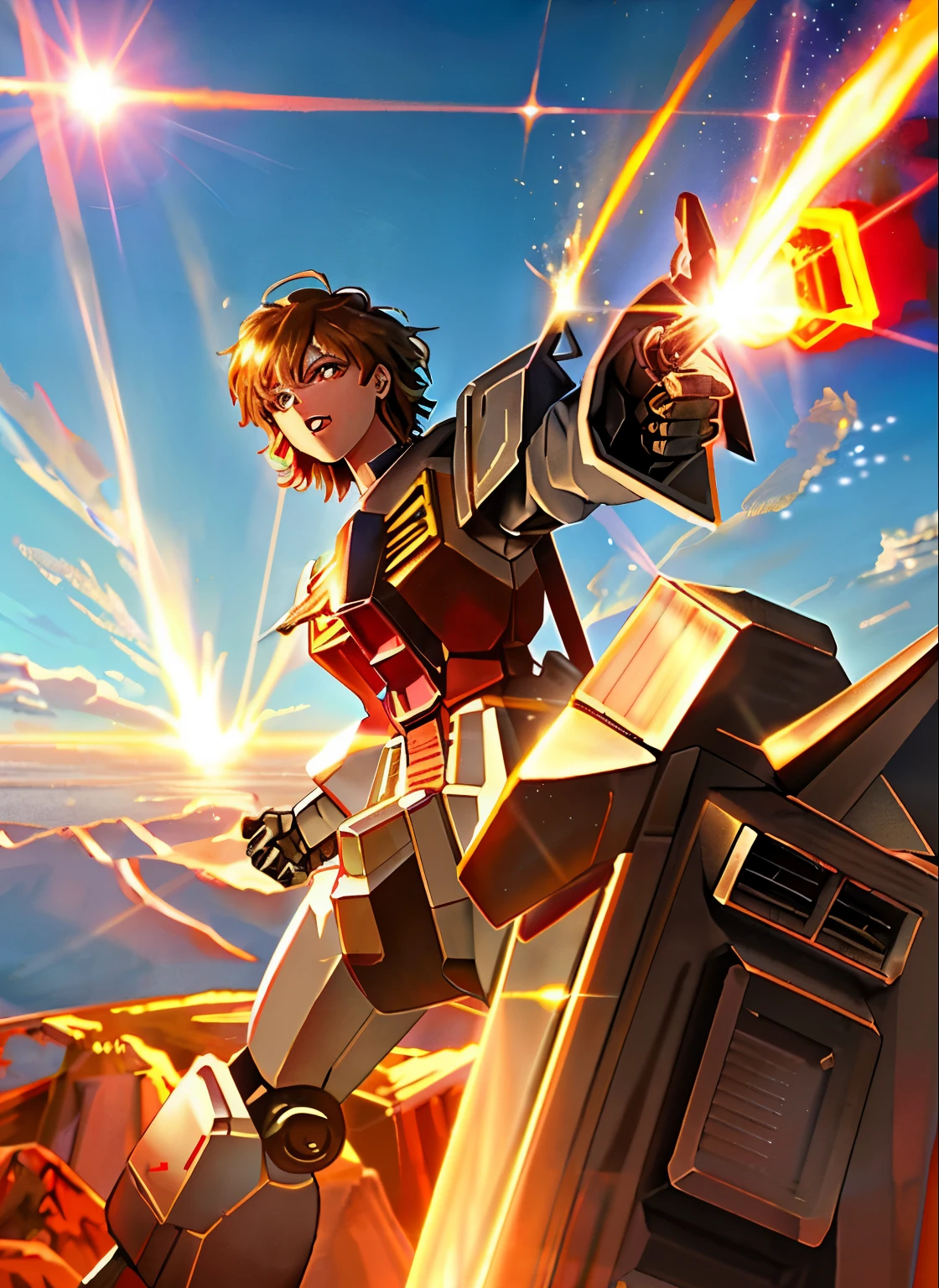 Giant (Gundam F91 1.5)、SD Art、chibi character,robot、mechanic、outer space、Maximum output、continuous attack、beam radiation、Vesbar、Fully armed、earth in background、Flying through the sky like a comet、Pose with a saber、and flames surround it, steel, rust on edges, (Highly detailed CG Unity 8K wallpaper), realistic, ((masterpiece)), highest quality, ((SF)),Lens flare, ((shine of light)), unreal engine