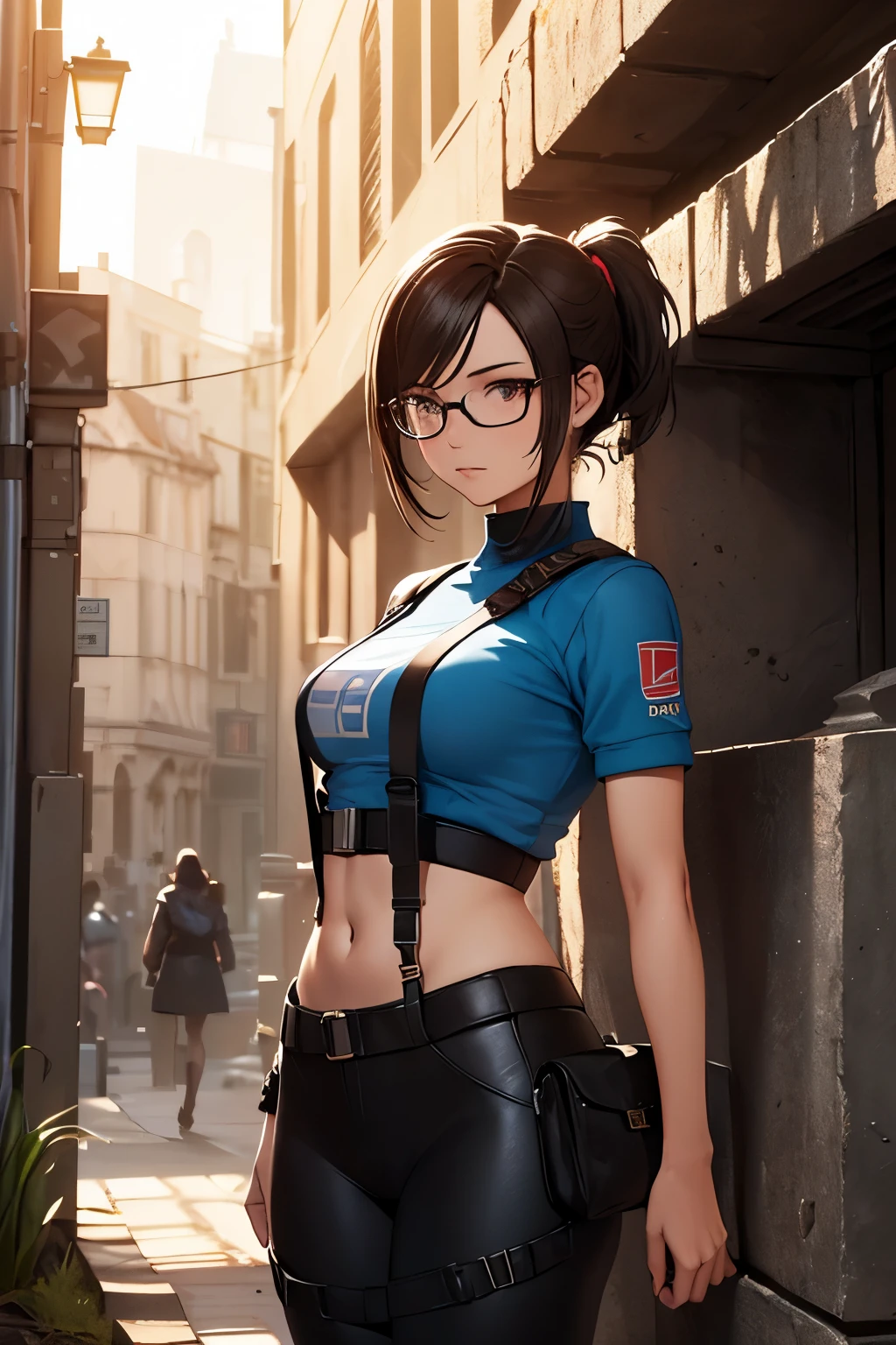 ((Landscape of an ancient tomb)), a beautiful young explorer girl stood in the distance, ((wearing a Jill Valentine outfit)), long black hair in a ponytail, bangs, wearing glasses.