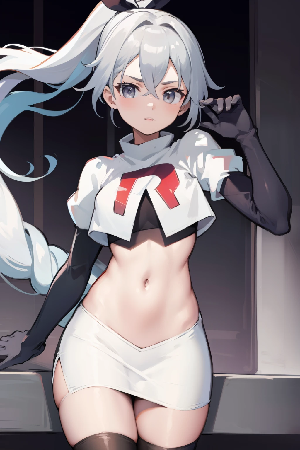 SilverwolfV5, grey eyes,team rocket,team rocket uniform,white skirt,crop top,black thigh-highs,black elbow gloves
