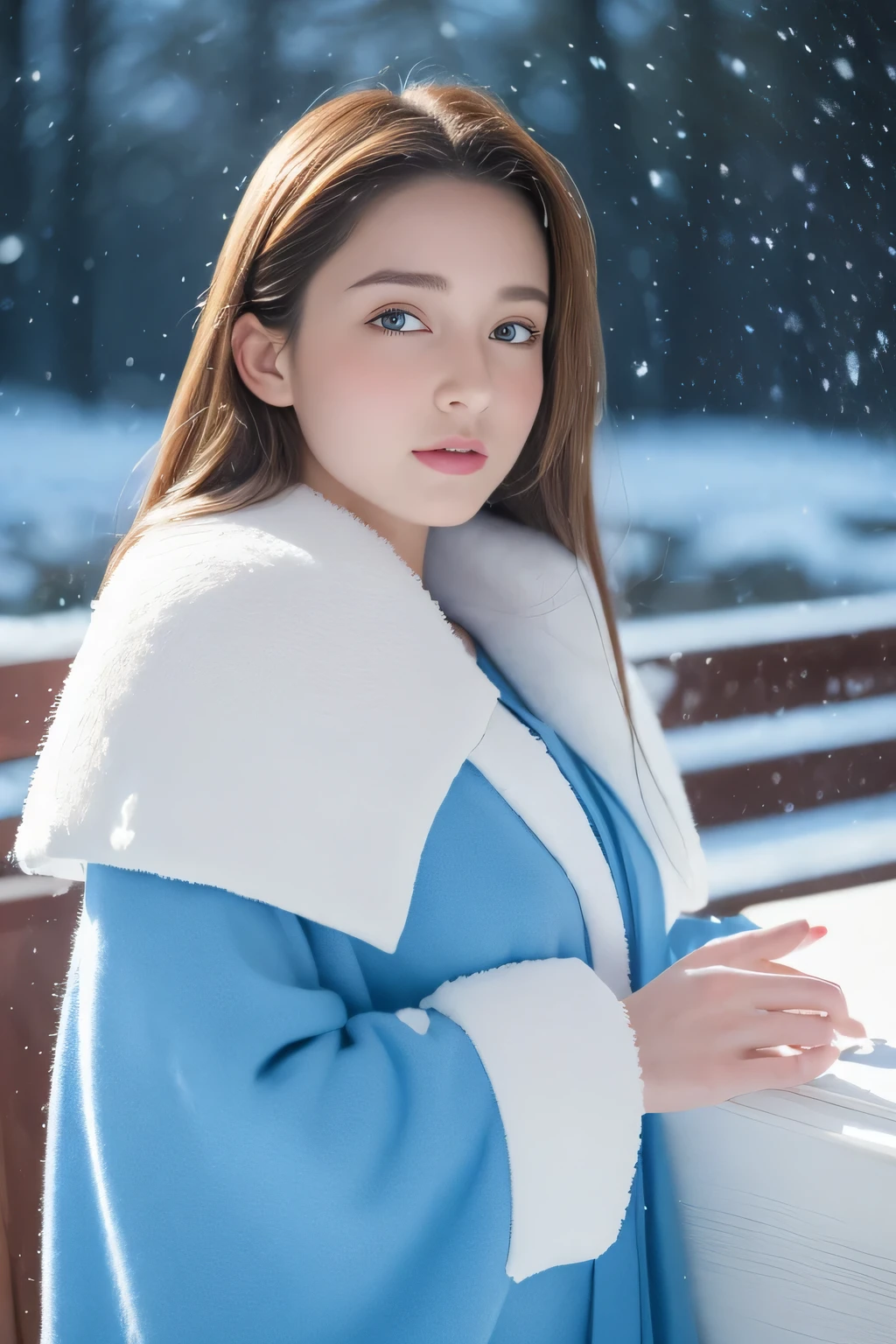 (highest quality, 8K, 32K, table top, ), (High intaglio printing model),realistic, High resolution, 1 Japan women, alone, (lolita costume),luxurious costume,face the audience,(Upper body,upper limbs), beautiful eyes, brown hair, Ring-shaped eyes, (outside,Heavy snowfall,thick fur cape,Cover with snow),snowfield,blue eyes,highest qualityのイラスト,methodical face