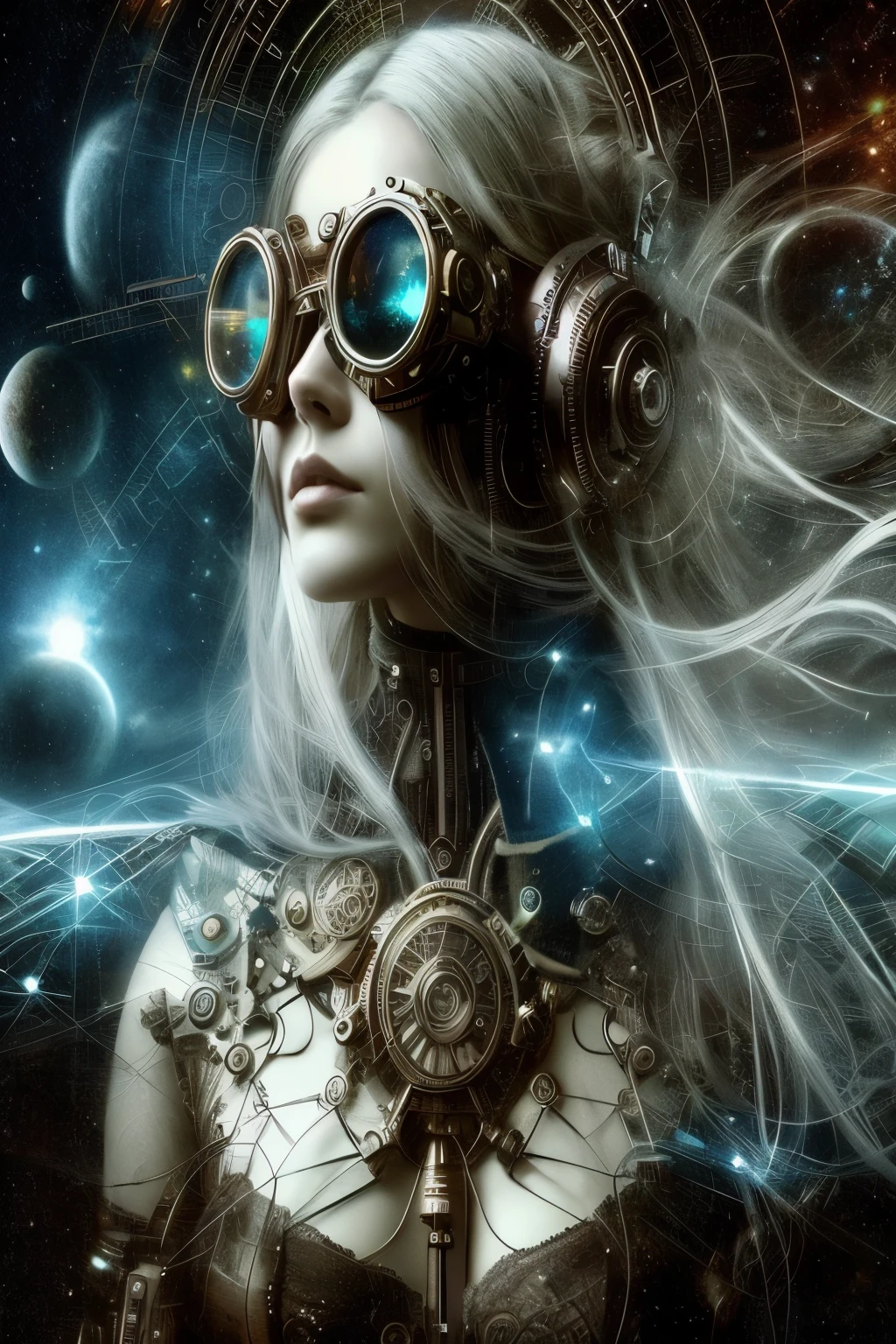 un primer plano de una mujer con gafas de vapor y un reloj, Diosa Cyborg en el cosmos, chica cyborg, cyborg - girl, Arte digital steampunk, aetherpunk airbrush digital art, portrait beautiful science fiction girl, arte digital steampunk, karol bak uhd, cyborg woman, hermosa chica cyborg, Cibersteampunk, gothic - cyberpunk, gothic and futuristic