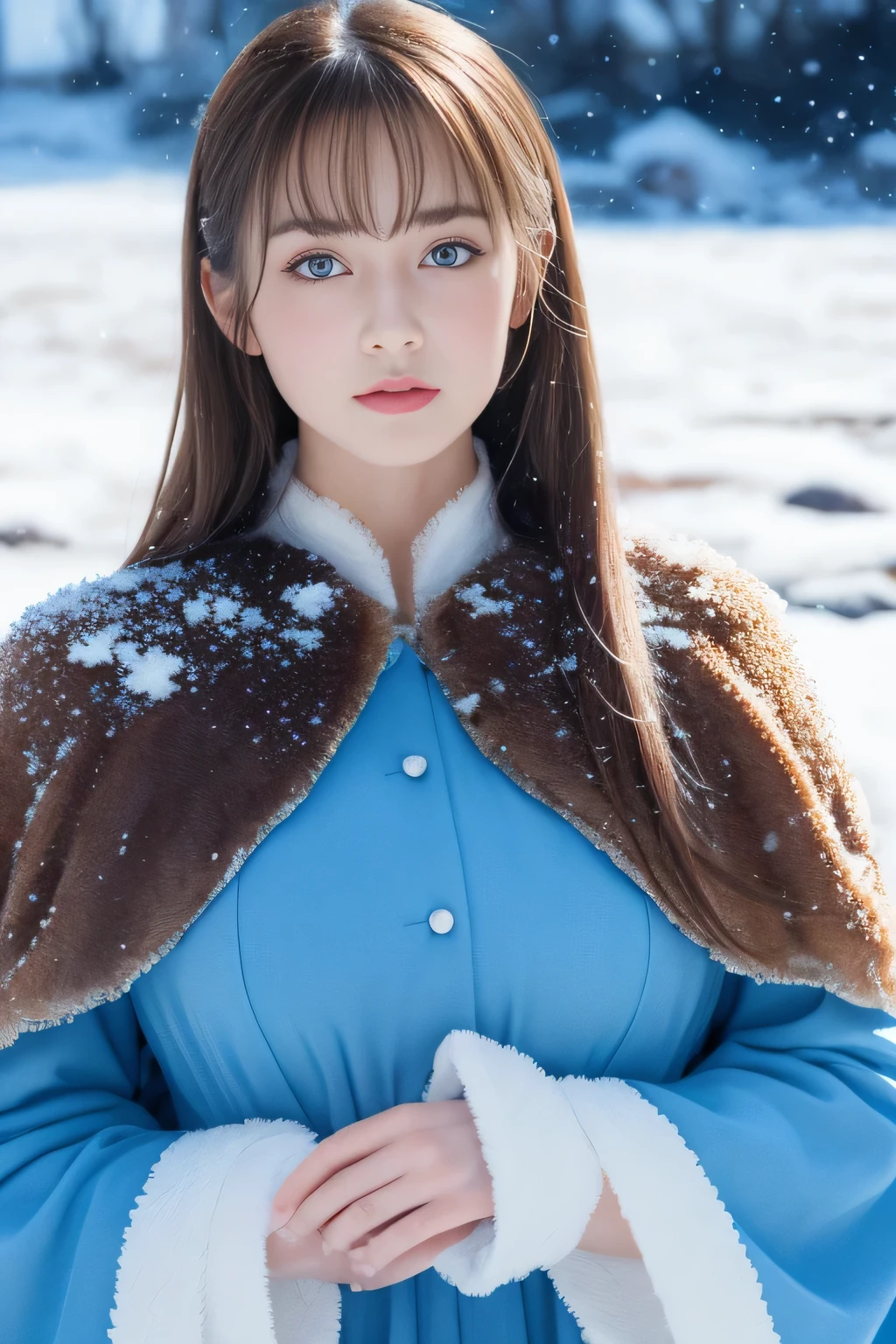 (highest quality, 8K, 32K, table top, ), (High intaglio printing model),realistic, High resolution, 1 Japan women, alone, (ta costume),luxurious costume,face the audience,(Upper body,upper limbs), beautiful eyes, brown hair, Ring-shaped eyes, (outside,Heavy snowfall,thick fur cape,Cover with snow),snowfield,blue eyes,highest qualityのイラスト,methodical face
