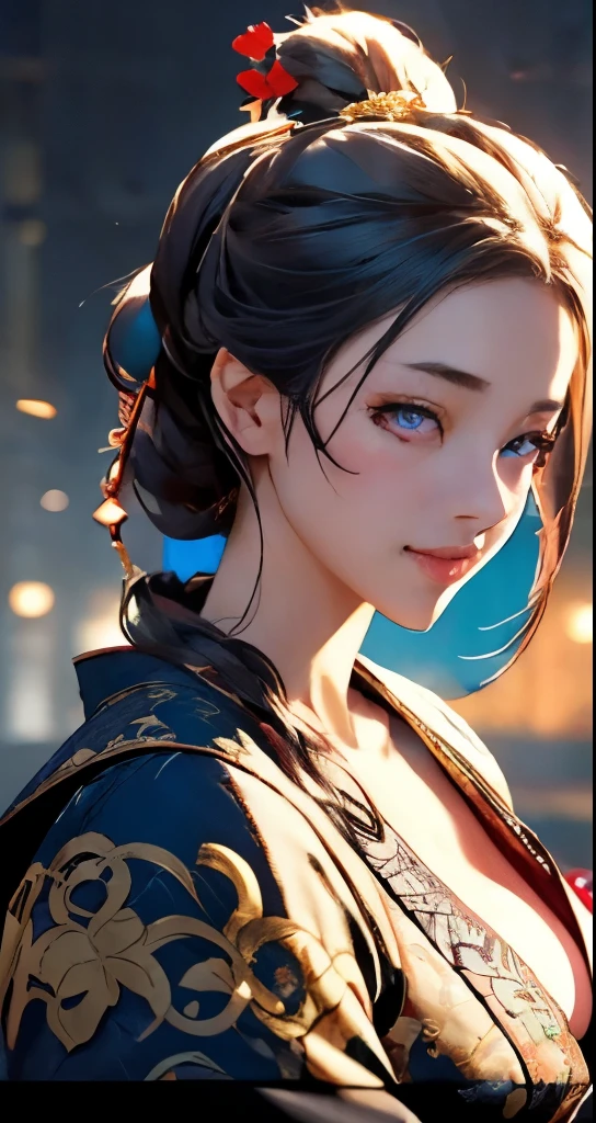 Beautiful flirtatiously smiling Asian, a very busty ronin wearing gold lace kimono, Meiji restoration, blue eyes, yojimbo, cleavage, HD, UHD, WLOP, Artgerm, braided hairstyle, large anime eyes, realistic eyes, highly detailed eyes, natural skin, natural skin texture, subsurface scattering, muted colors, skin pores, perfect face, perfect eyes, perfect full lips, supple female form, vivid, cinematic, Film light, Hyper detailed, Hyper-realistic, masterpiece, atmospheric, High resolution, Vibrant, High contrast, dark angle, 8k, HDR, 500px,