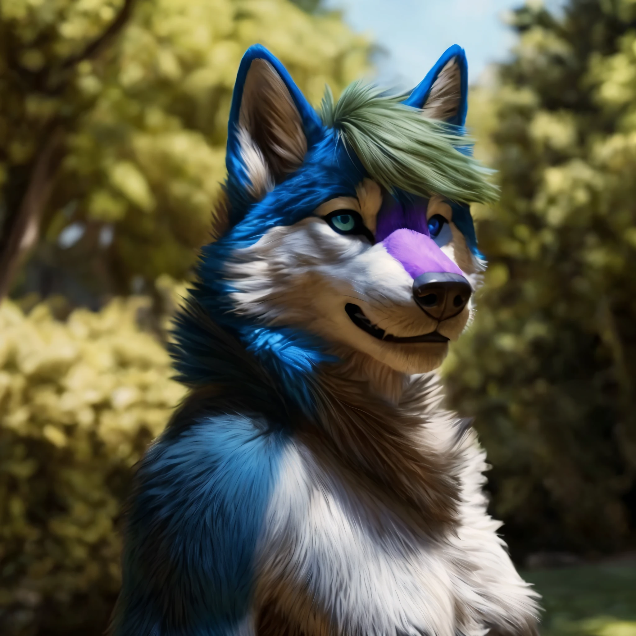 anthro husky man furry detailed fur long fur blue and white fur (purple snout) long hair olive green hair realistic fur digital art, there is a furry animal with a purple nose and blue eyes, furry character portrait, anthro portrait, furry wolf, masterpiece anthro portrait, furry character, an anthro wolf, furry art, furry fursona, anthropomorphic wolf, portrait of an anthro fox, pov furry art, furry digital art, furry fantasy art, fursona furry art commission