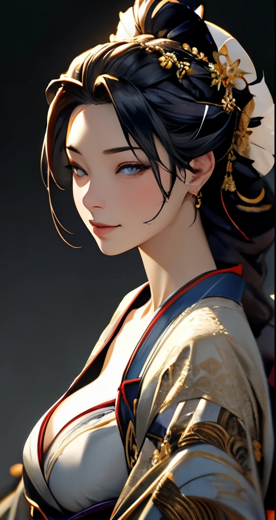 Beautiful flirtatiously smiling Asian, a very busty ronin wearing gold lace kimono, Meiji restoration, blue eyes, yojimbo, cleavage, HD, UHD, WLOP, Artgerm, braided hairstyle, large anime eyes, realistic eyes, highly detailed eyes, natural skin, natural skin texture, subsurface scattering, muted colors, skin pores, perfect face, perfect eyes, perfect full lips, supple female form, vivid, cinematic, Film light, Hyper detailed, Hyper-realistic, masterpiece, atmospheric, High resolution, Vibrant, High contrast, dark angle, 8k, HDR, 500px, 