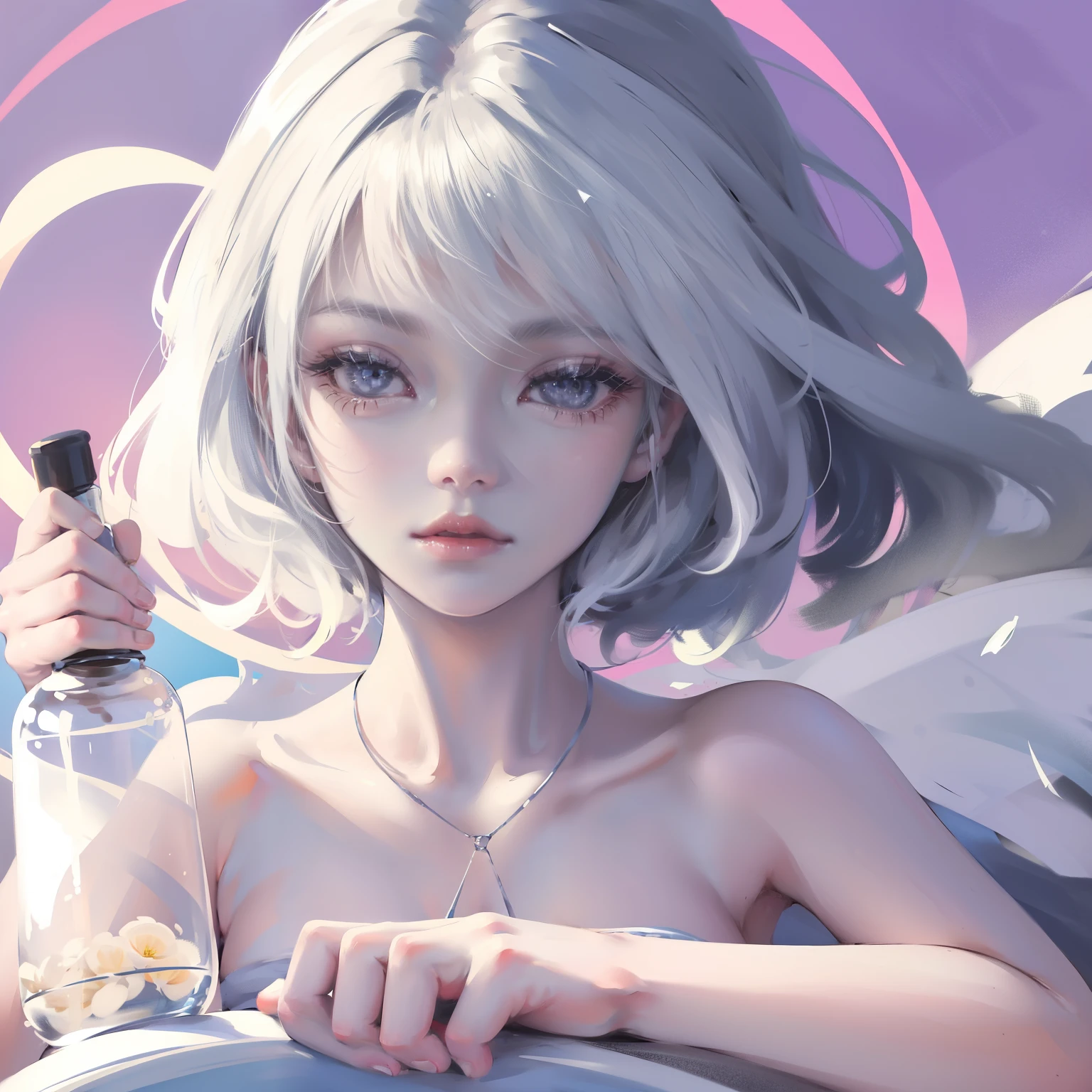 ((masterpiece)),  Very detailed, best quality, 8k, (柔Light), Light, beautiful and delicate eyes, 
1 girl, white hair, long hair, Next to a bottle of perfume, elegant, comfortable, Clean and detailed anime art,  Trending on artstart,  rainbow colors, milky,  cream dripping on face, illuminate warmly, Soap, (pink and white theme),