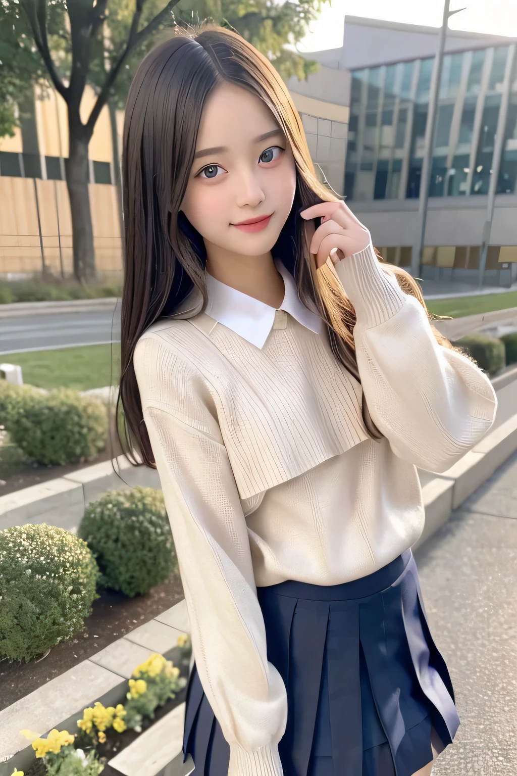 pieces fly、masterpiece、highest quality、Super detailed、High resolution、High resolution、8K portrait、unity 8k wallpaper、Detailed CG、unity 8k wallpaper、Detailed CGユニティ8kの壁紙、realistic、real person、portrait photography、shiny skin、(26 years old)、High resolution、beautiful clear eyes、very detailed explanation、delicate face、nice lips、thin waist、thin legs、1 girl、(school uniform:1.4)、(pleated skirt:1.2)、(sweater:1.2)、(small breasts:1.2)、(smile:1.2)、(garden:1.2)、(take a pose:1.2)
