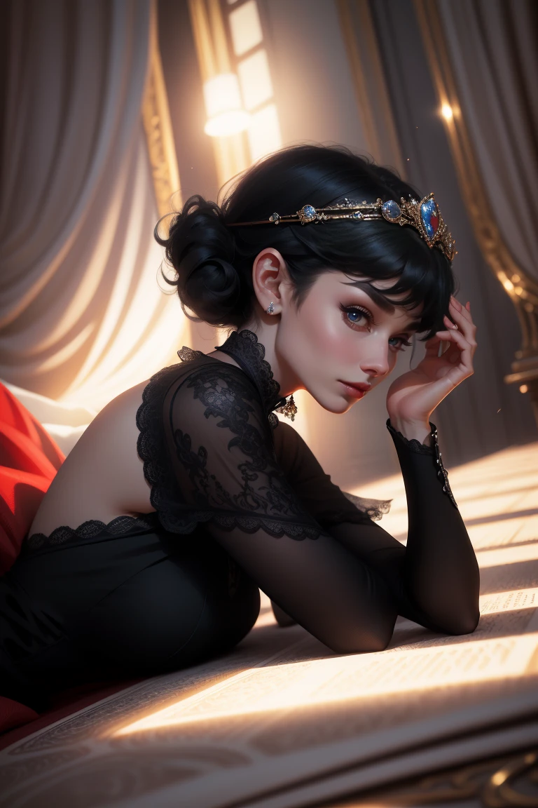 (Masterpiece - Ultra-Detailed, High Resolution) Prepare to be enchanted by a true masterpiece that combines ultra-detailed art with high-resolution rendering. This work shows a mesmerizing woman, with short, black hair, 1928s style, Audrey Hepburn (1.3) and captivating dark brown eyes (1.2), New York illustration style, wearing red lipstick, emanating an aura of elegance and mystery. Wearing classic victorian dress 1928s clothing. Intricate details and realistic textures invite you to explore every aspect of this enchanting composition. Black dress. reading, writing, walking, backwards, lying down, standing, dynamic poses, mouth closed. Different posture , dynamic poses, mouth closed. Different posture, with chin resting on shoulder. Perfect fingers. Get ready to dive into a world where beauty and craftsmanship merge perfectly.