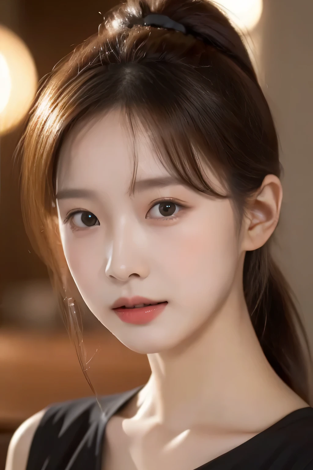medium close-up, cleavage, Joli, Joe Lily, Lily, ((highest quality, 8K, table top :1.3)), 1 girl, A beautiful woman highlighting her slender abdominal muscles :1.3, (dark brown hair, ponytail, huge breasts :1.2), wet body:1.2, pool, super detailed face, fine eyes, double eyelid、Take a full body photo:1.3