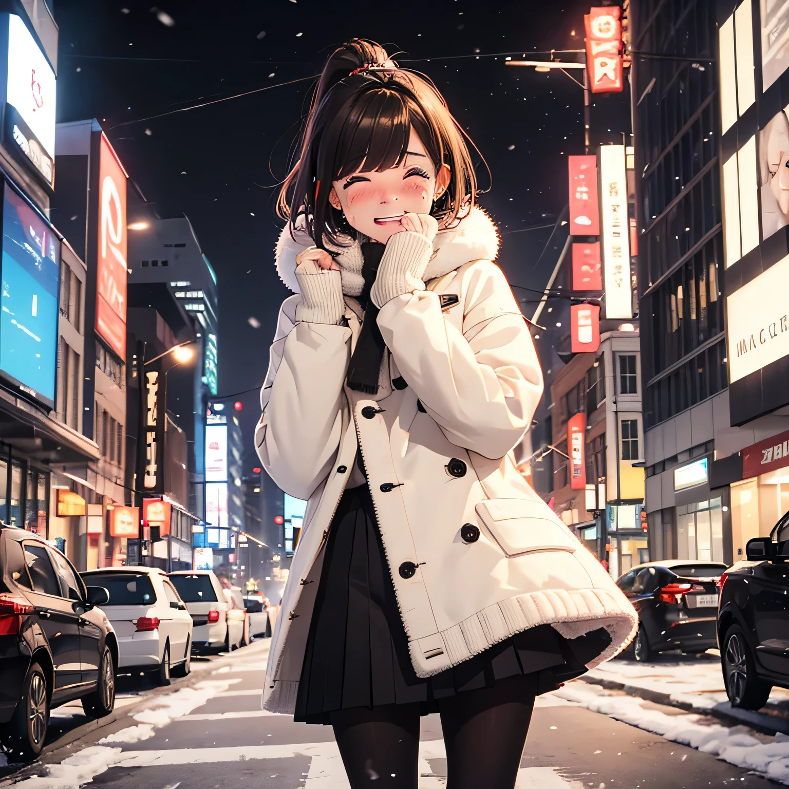 1girl, ((girl)) 、1 person、small face、 ((snowy night)) 、intersection、cthaty、in the cthaty、Skyscraper,18-year-old、universthaty student, (Are crying:1.5) 、whthate knthat coat、(Red checked pleated skirt)、((black pantyhose:1.5)) 、whthate muffler、Brown snow boots, (princess cut), bob cut、(medium hair)、(ponytail)、reddish brown hair 、that'It's snowing、standing pose、Are crying、view audience、Beige knthat sweater、look up、((whole body)) 、whthate gloves、whthate gloves、Hand pose is free、