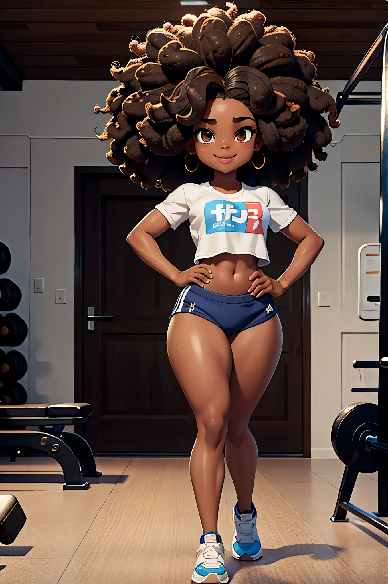 HD, dark skinned, young girl,  8, humanoid, honey, brown eyes, (((brown eyes))), black afro hair, (((afro hair))), Jackie Parris, ((((Jackie Parris)))), full body cgsociety, 3 d character art, full character body, detailed full body concept, stylized character, erotica, ((young girl, 1girl, age), ((complex detailed background, gym, inside)), chubby, small, short, action pose, smiling, wearing girl's gym uniform