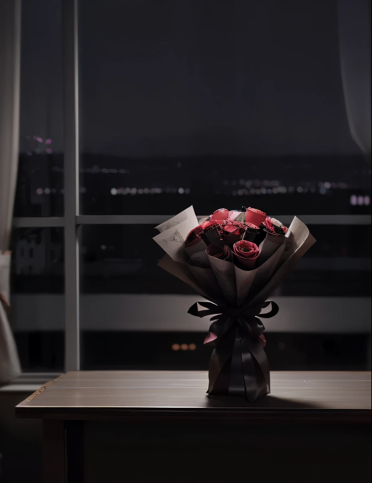 valentine&#39;s day　live-action　highest quality　Grand prize winning work　background is blurry　Inside the black-toned top floor room on a dark night　Indirect lighting for movies　A bouquet of flowers wrapped in beautiful paper and a small box with a ribbon next to it sit on a large table by the window overlooking the night view.
