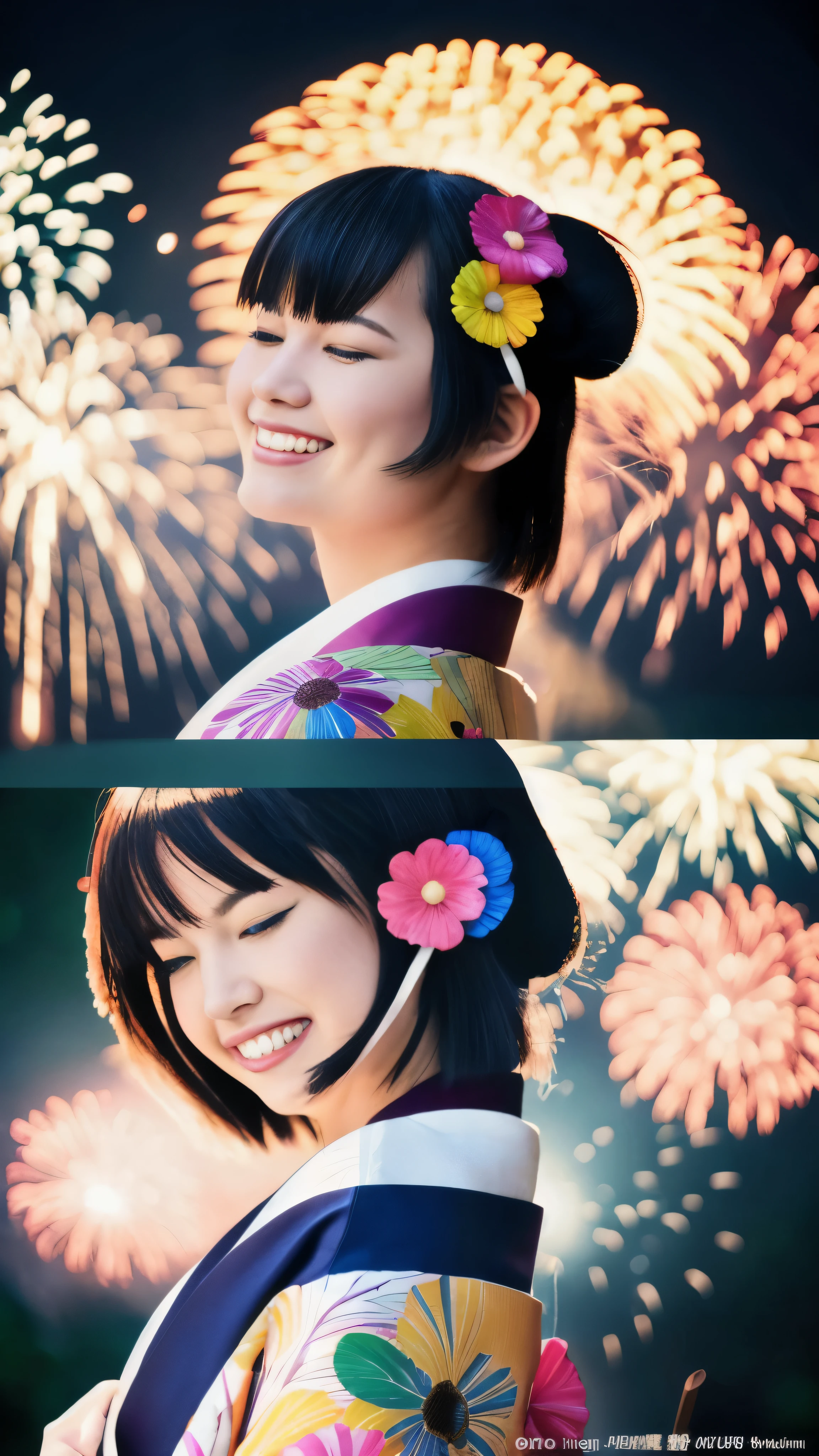 Absurd resolution, high resolution, (masterpiece: 1.4), super detailed, (1 woman: 1.3), (solo: 1.4), fireworks, short bob, short bob, kimono, looking back, closing eyes, smiling, light, Makoto Shinkai style, face super close-up, ultra-fine illustration, vivid colors, cinematic light, exciting light production, attention to detail, vivid colors, hairpins, kimono, big side breasts, looking back, happy, smile, from below,