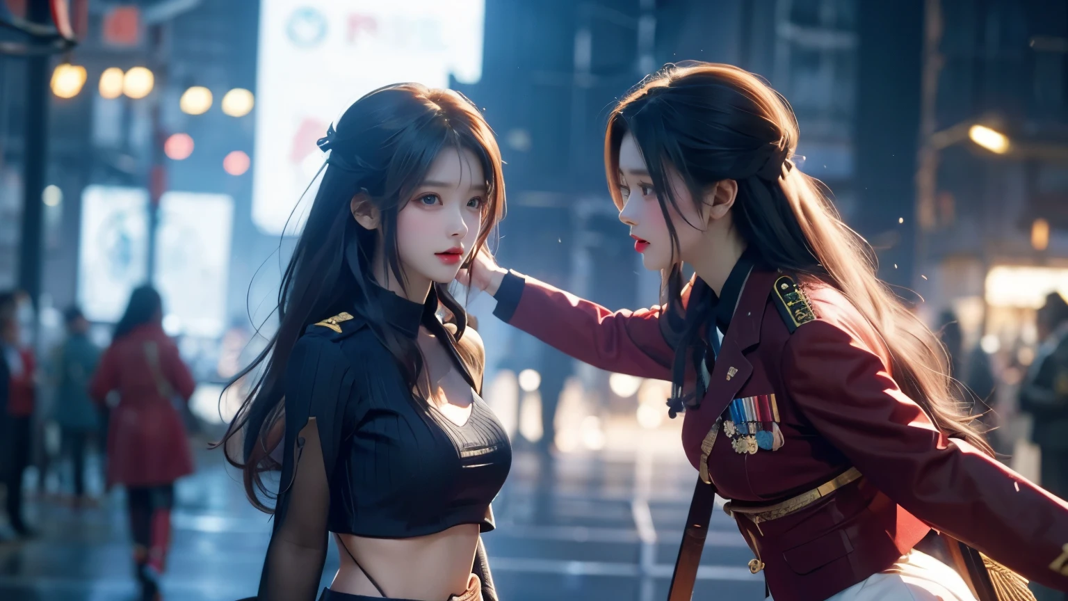 A beautiful girl in military uniform is fighting a man in a suit、Beautiful girls are dominant、A girl cuts a man with a sword、super model girl、miniskirt military uniform、Perfect build、Overwhelming power、blood flows from a man、Killing each other、Kill formations、A girl who feels superior、battlefield、On the one hand, girls have an advantage.、massacre、Overwhelming difference in ability