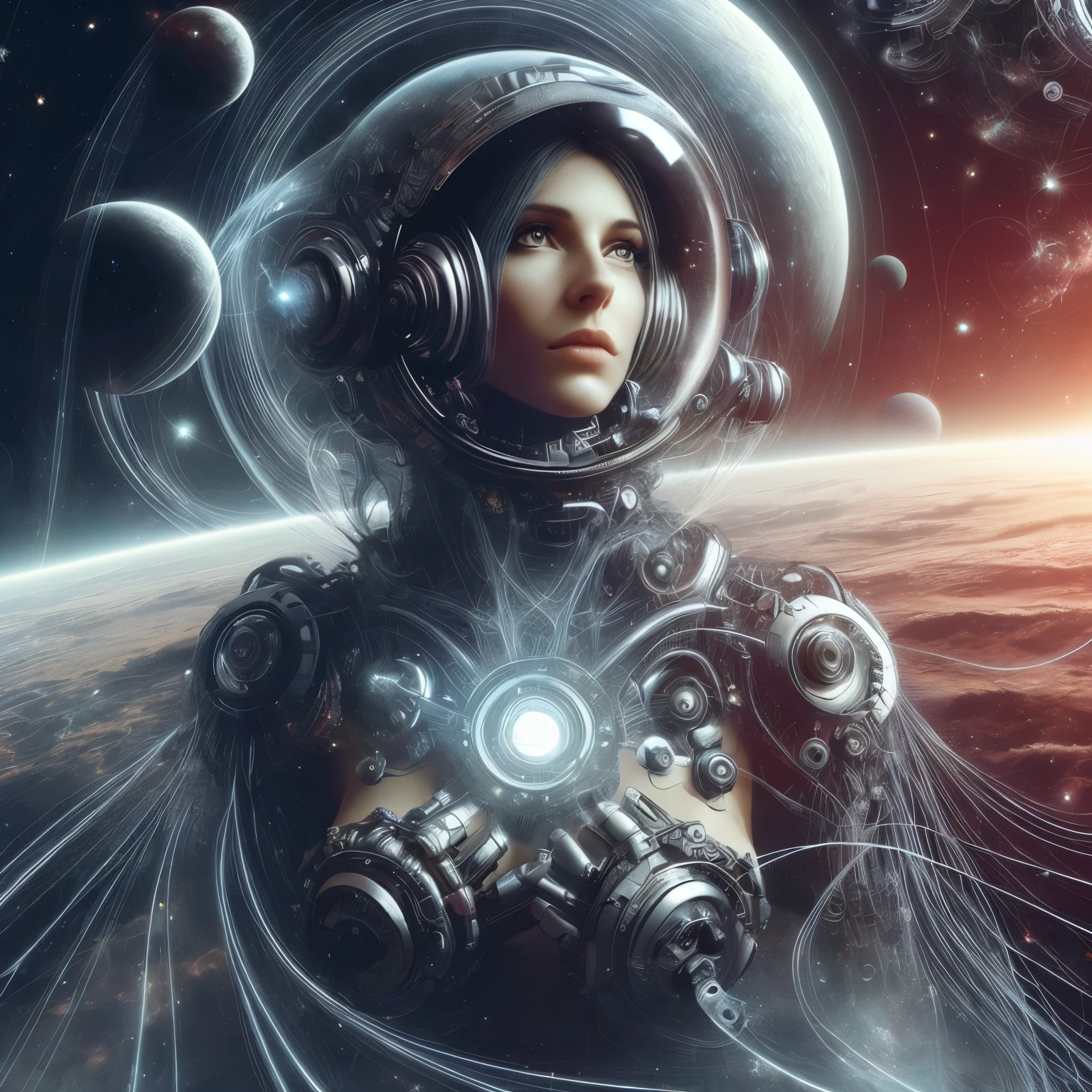 un primer plano de una mujer con un traje espacial con un planeta al fondo, Diosa Cyborg en el cosmos, arte digital de Science fiction, Science fiction woman, Arte de Science fiction, arte digital de Science fiction illustration, Oh!. Science fiction, chica en el espacio, Astronauta futurista, beautiful Arte de Science fiction, Ciencia - Fi Arte, Arte de Science fictionwork, mujer de Science fiction