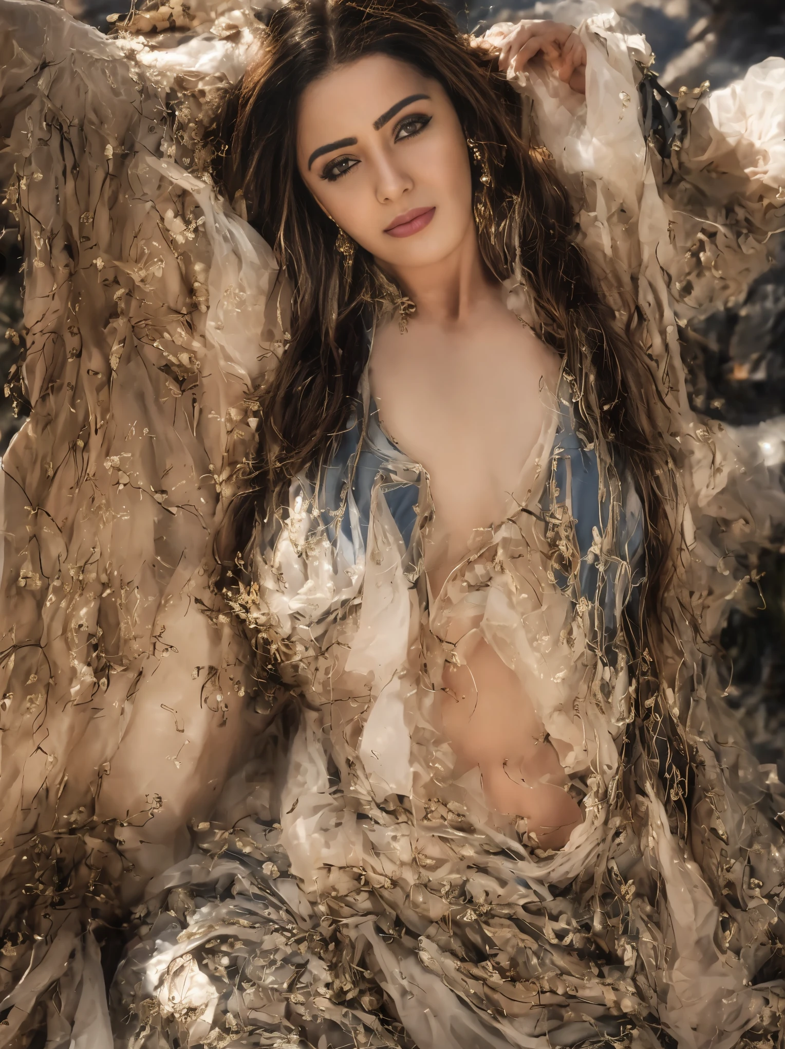 Full body, (realistic, photo-realistic:1.4), (1girl), Beauty, 1 girl, a 27-year-old indian woman, standing and posing for a picture,  absolute beauty, long hair, nice hands, nice arms, perfectly located fingers, perfectly located arms, wearing a traditional dress, Behance costume, (moody, private study:1.3), POV, by Lee Jeffries, Nikon d850, film stock photograph,4 Kodak Portra 400, camera f1.6 lens, rich colors, ultra-realistic, hyper-realistic, ultra-detailed, hyper-detailed, 35mm F/28, hyper-detailed full body shot of a woman, nice face, smile, perfect body, aesthetic body, cleavage, navel showed, perfect located eyes, normal arms, thick thighs, wide hips face focused, 8K, HD Crisp Upscale, realistic lying, RAW photography, best quality:1.4, Beautiful details eye, perfect anatomy, long hair, High-detailed, --v5,