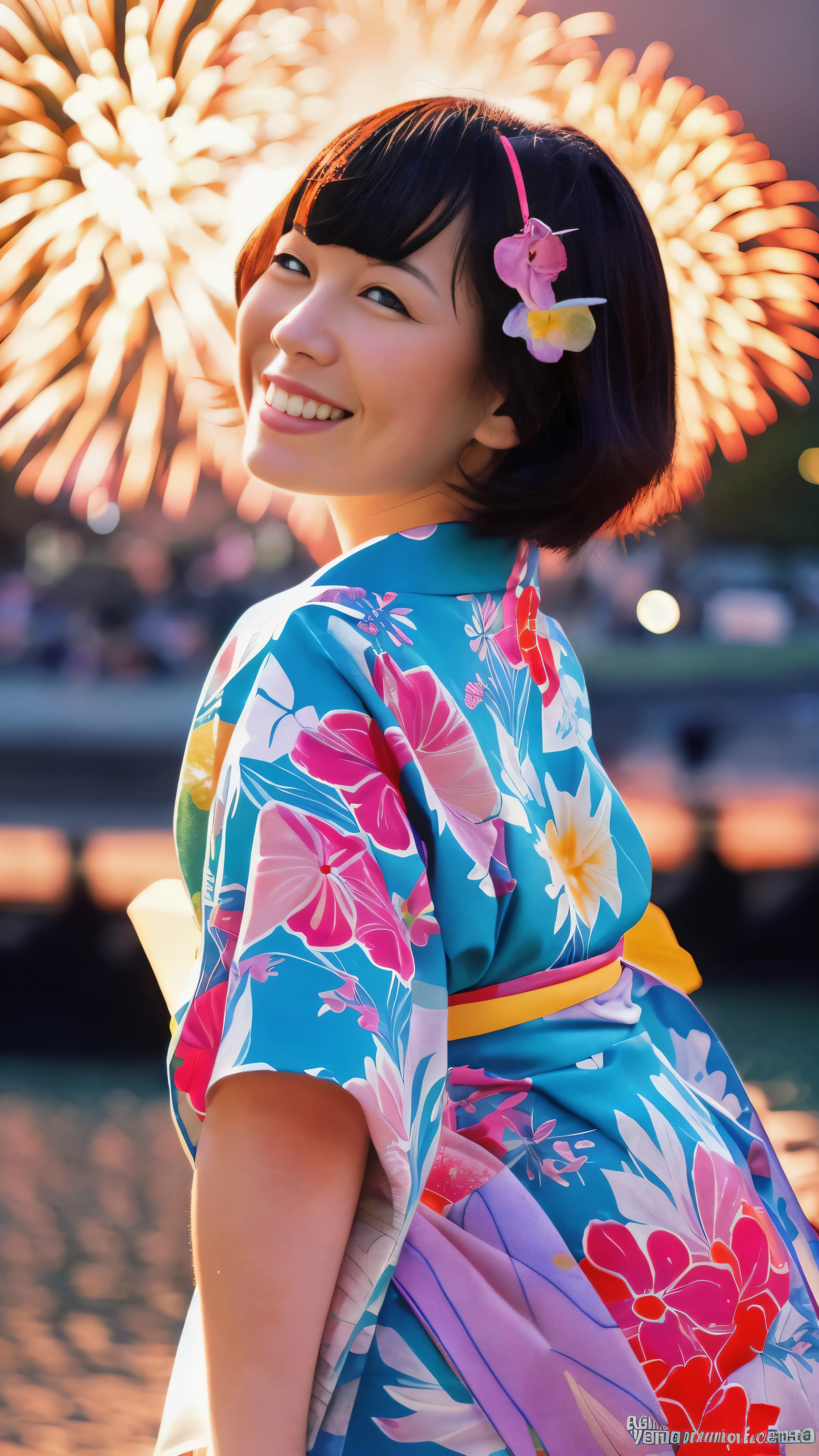 Absurd resolution, high resolution, (masterpiece: 1.4), super detailed, (1 woman: 1.3), (solo: 1.4), fireworks, short bob, short bob, kimono, looking back, closing eyes, smiling, light, Makoto Shinkai style, face super close-up, ultra-fine illustration, vivid colors, cinematic light, exciting light production, attention to detail, vivid colors, hairpins, kimono, big side breasts, looking back, happy, smile, from below,