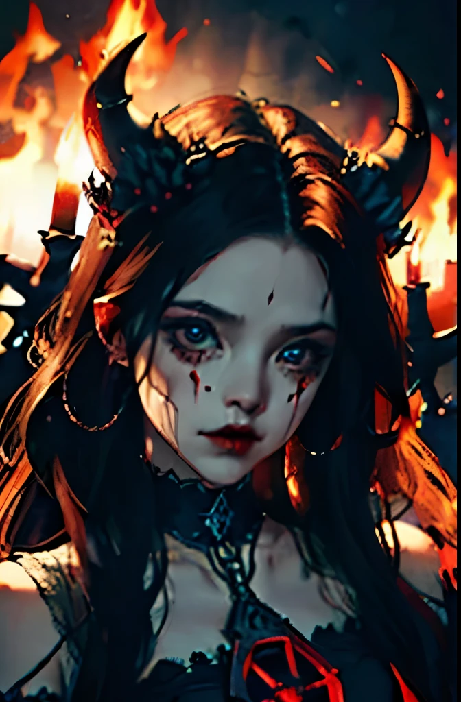 ((blood, dismemberment, disgust)), girl, (the pentagram), curved demonic horns, gothic dress, (red tone, fire in the background), slate atmosphere, cinematic, dimmed colors, dark shot, muted colors, film grainy, slut, spooky