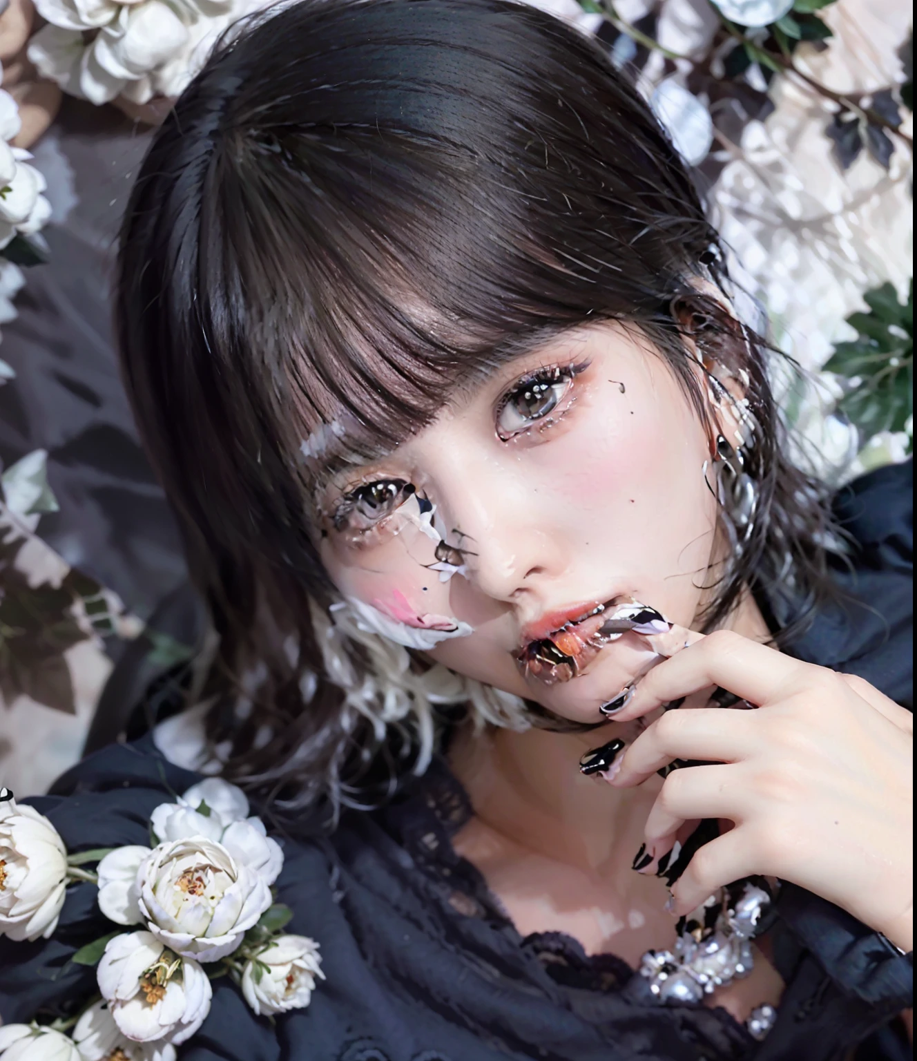 un primer plano de una persona recostada sobre un lecho de flores, kim doyoung, cai xukun, jungkook, Jung Jaehyun, yanjun chengt, inspirado en Yanjun Cheng, Jinyoung Shin, inspirado en Bian Shoumin, pintar ulzzang, foto de perfil en la cabeza, TaeJune Kim, retrato de alta calidad, hyung tae, kanliu666, artista desconocido