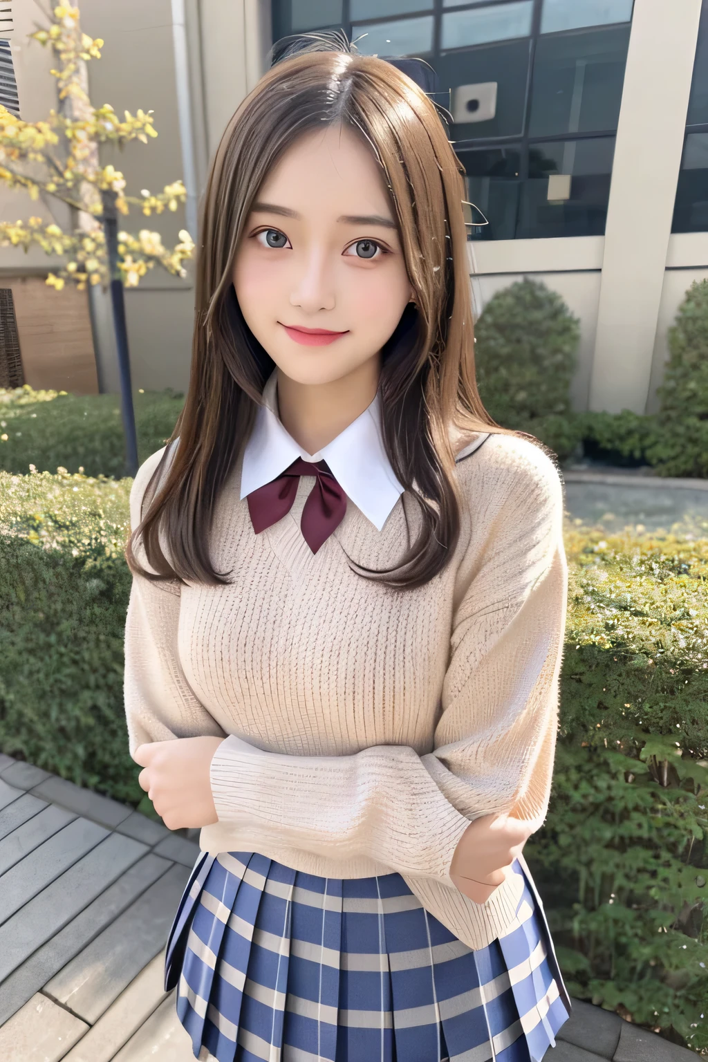pieces fly、masterpiece、highest quality、Super detailed、High resolution、High resolution、8K portrait、unity 8k wallpaper、Detailed CG、unity 8k wallpaper、Detailed CGユニティ8kの壁紙、realistic、real person、portrait photography、shiny skin、(26 years old)、High resolution、beautiful clear eyes、very detailed explanation、delicate face、nice lips、thin waist、thin legs、1 girl、(school uniform:1.4)、(pleated skirt:1.2)、(sweater:1.2)、(small breasts:1.2)、(smile:1.2)、(garden:1.2)、(take a pose:1.2)