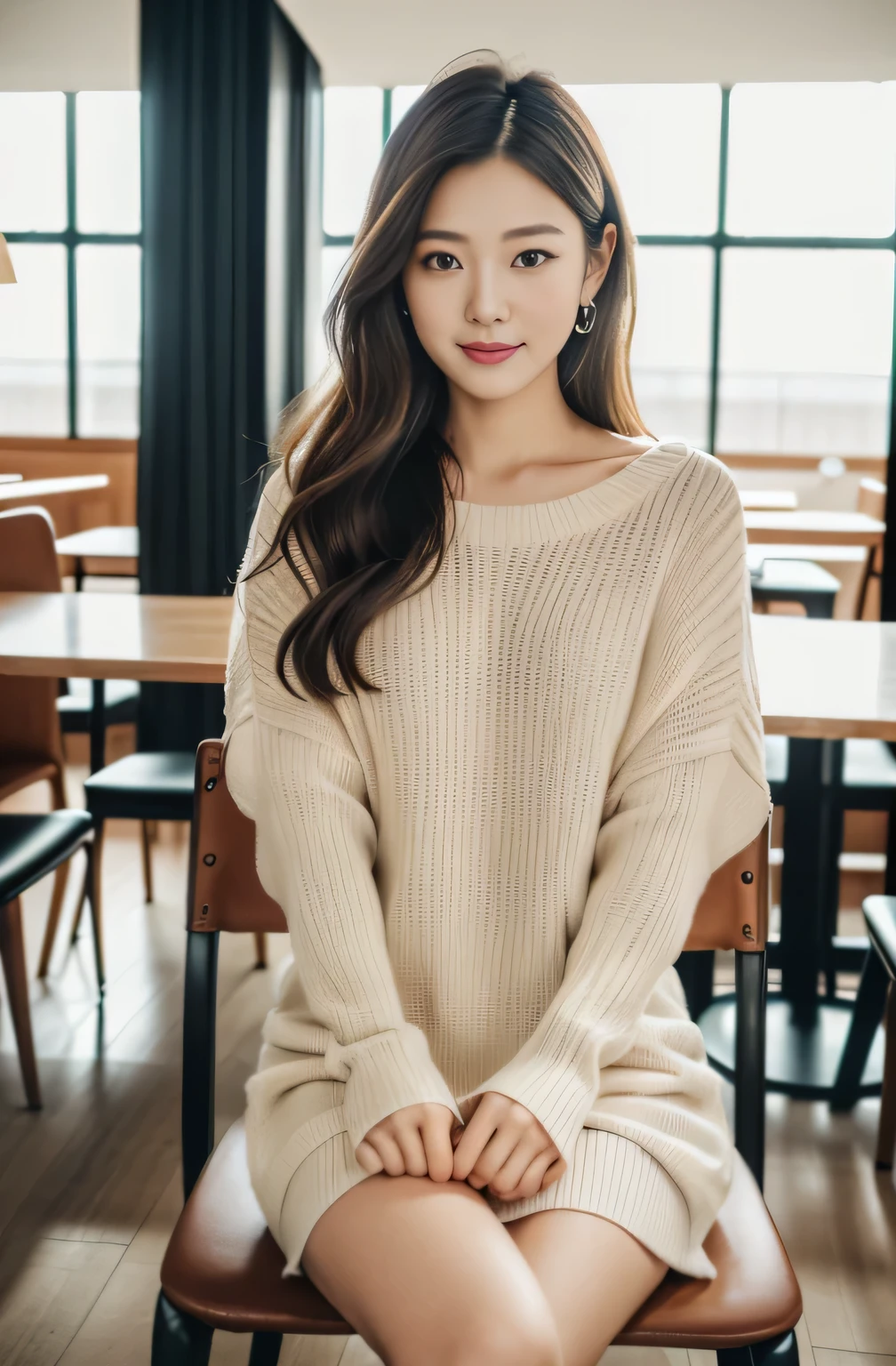 ((highest quality、In 8K、masterpiece:1.3))、beautiful japanese woman、With dimples、wear a sweater with an open neck、I wear a tight denim skirt、beautiful feet、Beautiful inner thighs、sit on a chair holding your feet、Leaning back in your chair、I'at the cafe、30 year old female