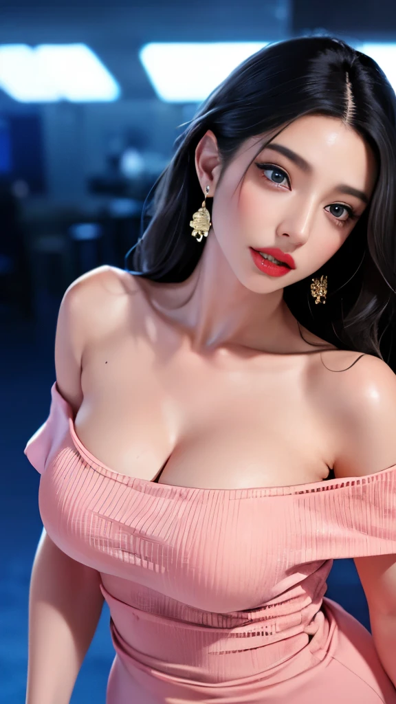 (masterpiece:1.3), (8K, realistic, RAW photo, highest quality: 1.4), (Young Adult Girls), beautiful face, young and beautiful big breasts、big cleavage、(thin face、big earrings、Small Gems、wrist accessories、waist accessories), beautiful ash gray hair color, multicolored hair、realistic eyes, beautiful and detailed eyes, (realistic skin、迸るSweat、oil skin,sparkling skin、realistic skin texture、詳細なbeautiful skin、shiny skin、shiny skin)、beautiful skin, break、(off shoulder、ribbed fabric sweater dress、big breastsサイズ), confused, charm, charm的な、ultra high resolution, 超realistic, very detailed, beautiful feet、細くcharmな太もも、((full shot :1.8)) , Office lady、((small face、thin neck、thin body、thin arms and legs))、(((night club、Night BAR、disco Club、lively neon lights、pink and blue neon lights))), Shadow、break、Looks embarrassed、((Sweat, vapor))、(cowboy shot:1.5), drooping cut length、cold gaze、scornful face、Contemptuous face))、(slender body、big breasts、Long breasts、saggy breasts、Weaning), break、((open mouth、fluorescent pink gloss lip))