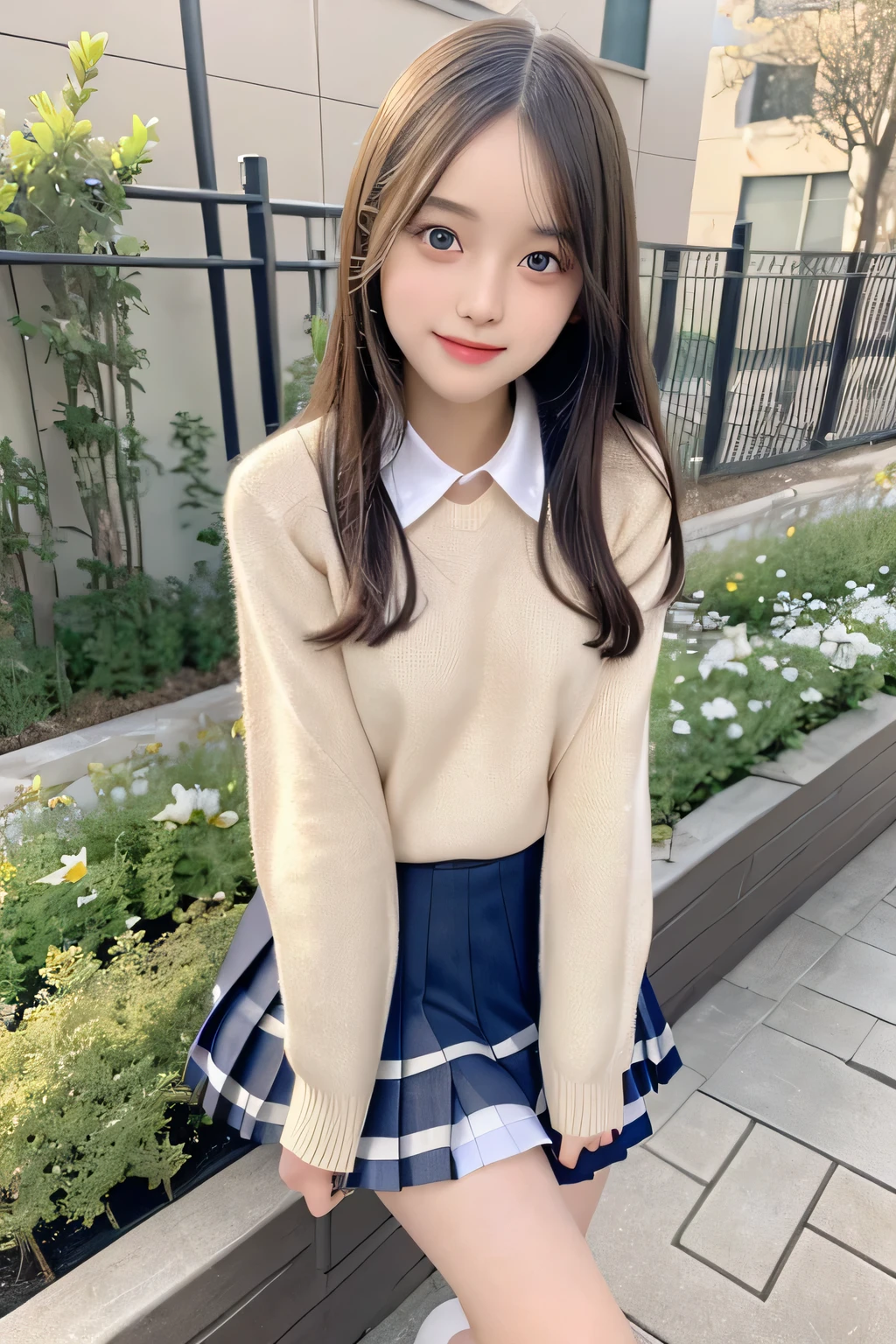 pieces fly、masterpiece、highest quality、Super detailed、High resolution、High resolution、8K portrait、unity 8k wallpaper、Detailed CG、unity 8k wallpaper、Detailed CGユニティ8kの壁紙、realistic、real person、portrait photography、shiny skin、(26 years old)、High resolution、beautiful clear eyes、very detailed explanation、delicate face、nice lips、thin waist、thin legs、1 girl、(school uniform:1.4)、(pleated skirt:1.2)、(sweater:1.2)、(small breasts:1.2)、(smile:1.2)、(garden:1.2)、(take a pose:1.2)