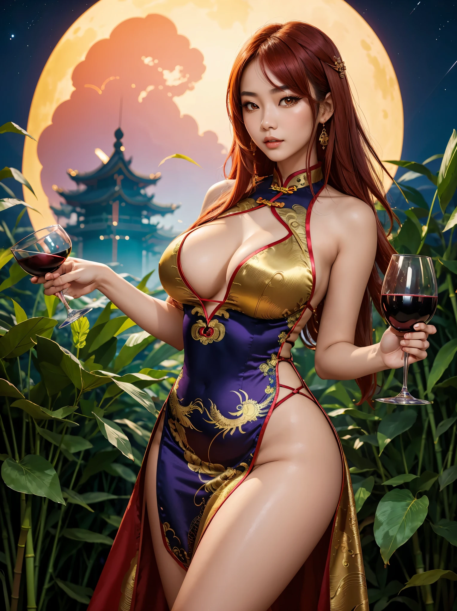 (Beautiful aesthetic sexy Chinese woman, thicc hourglass figure,) holding wine glass, wearing colorful cheongsam_slit-dress with golden dragon_embroidery, 1thigh_garter, long red hair, night violet natural sky,round moon on the bamboo forest,blue night clouds, night jungle, soft fill lighting,