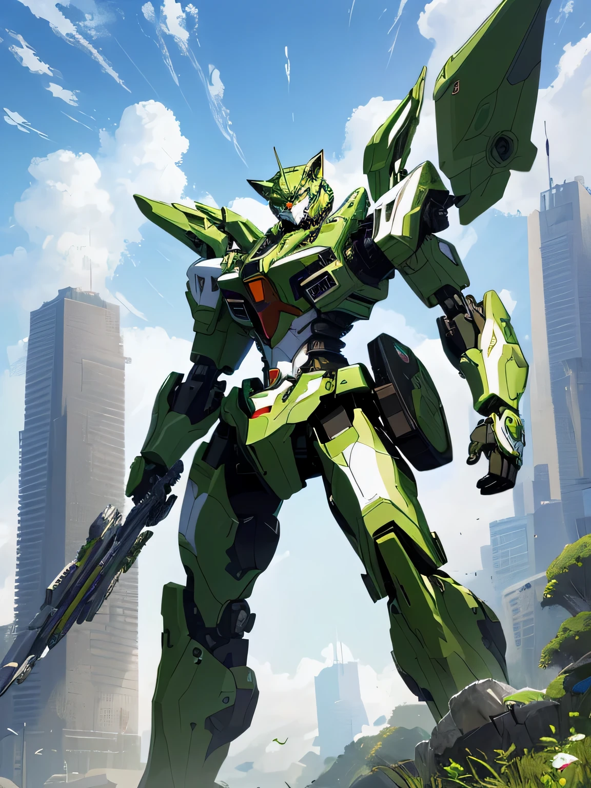 Unorganized solutions, High resolution, (masterpiece: 1.3), hyper detail, Mecha, ((cat design)),Green Armor, floating in the sky (1.8) Against the background of blue sky and white clouds