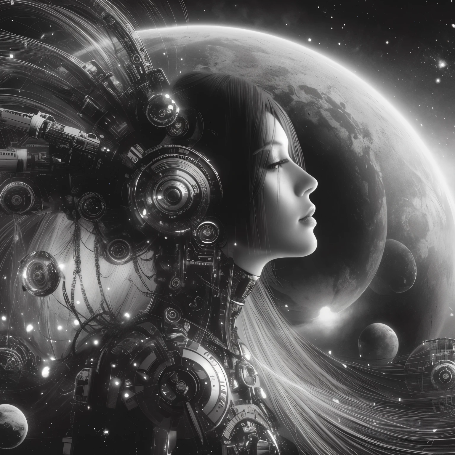 a black and white photograph of a woman with a futuristic headdress, Diosa Cyborg en el cosmos, science fiction digital art, beautiful science fiction art, science fiction digital art, hermosa obra de arte digital, science fiction art, science fiction digital art illustration, portrait beautiful science fiction girl, gorgeous digital art, science fiction art ], aetherpunk airbrush digital art