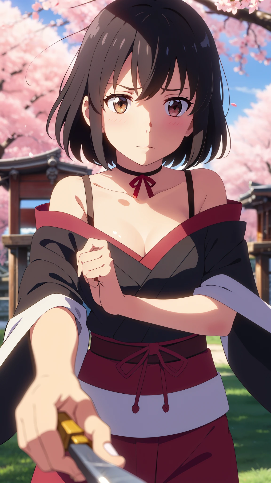 shinkai makoto, kimi no na wa., 1girl, bangs, black hair, blush, brown eyes, shiny skin, cute, shrines, shrine maiden clothes, Off-the-shoulder, looking at the viewer, short hair, solo, Fighting Stance, Despair Face, {The perfect sword, samurais, Straight Katana, Holding a straight sword, Straight knife}, perfect hands, perfect fingers, nightcity, Cherry blossoms are dancing