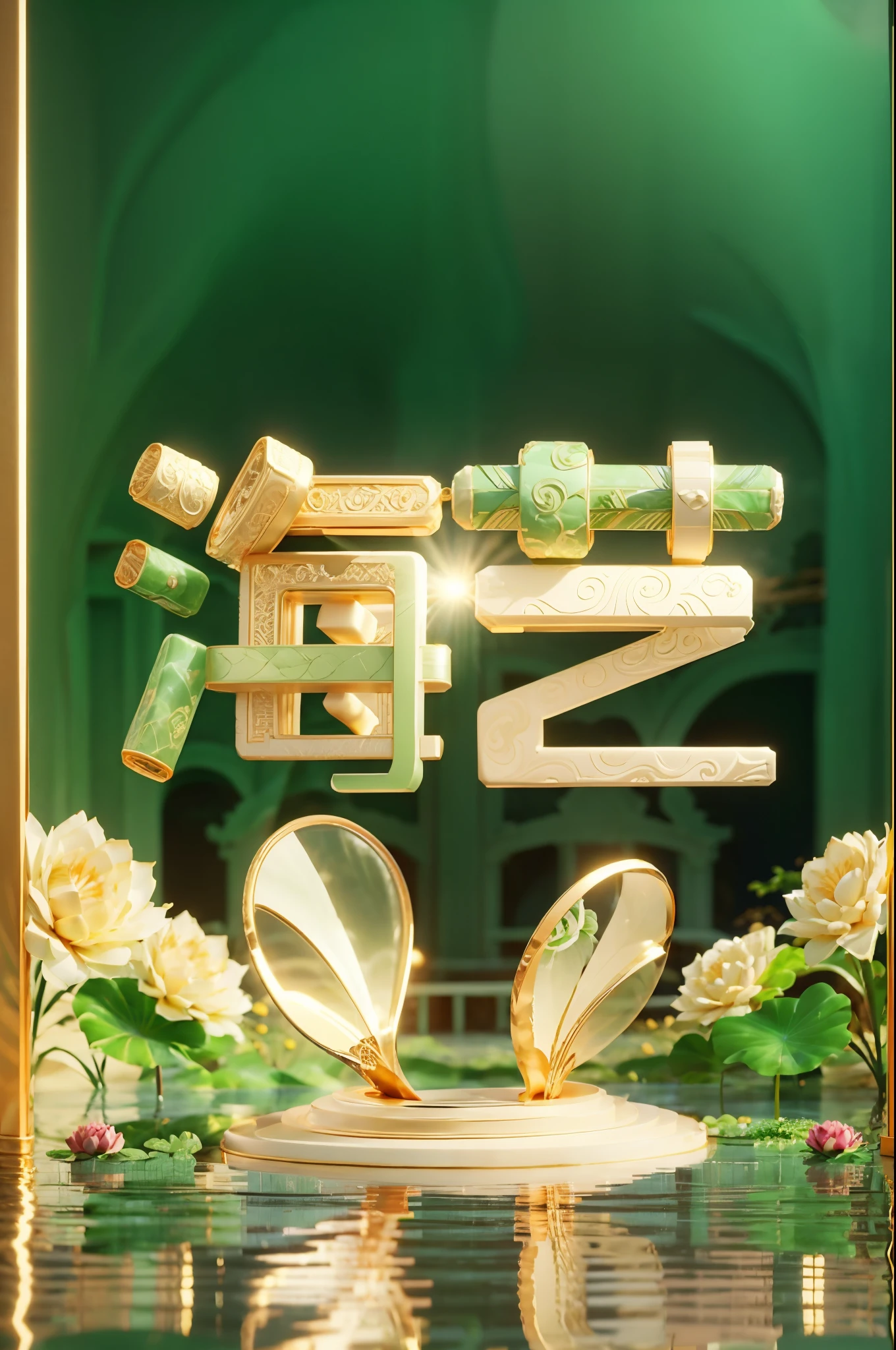 Final quality，a jewellery design，Jade jade，There are flowers on it，Gorgeous jewelry 3D logo，number art，Detailed details，rendering by octane，3d sculpture，lotus flower，volumettic light，Natural soft light，IvoryGoldAI, 3ddianshang\(style\)