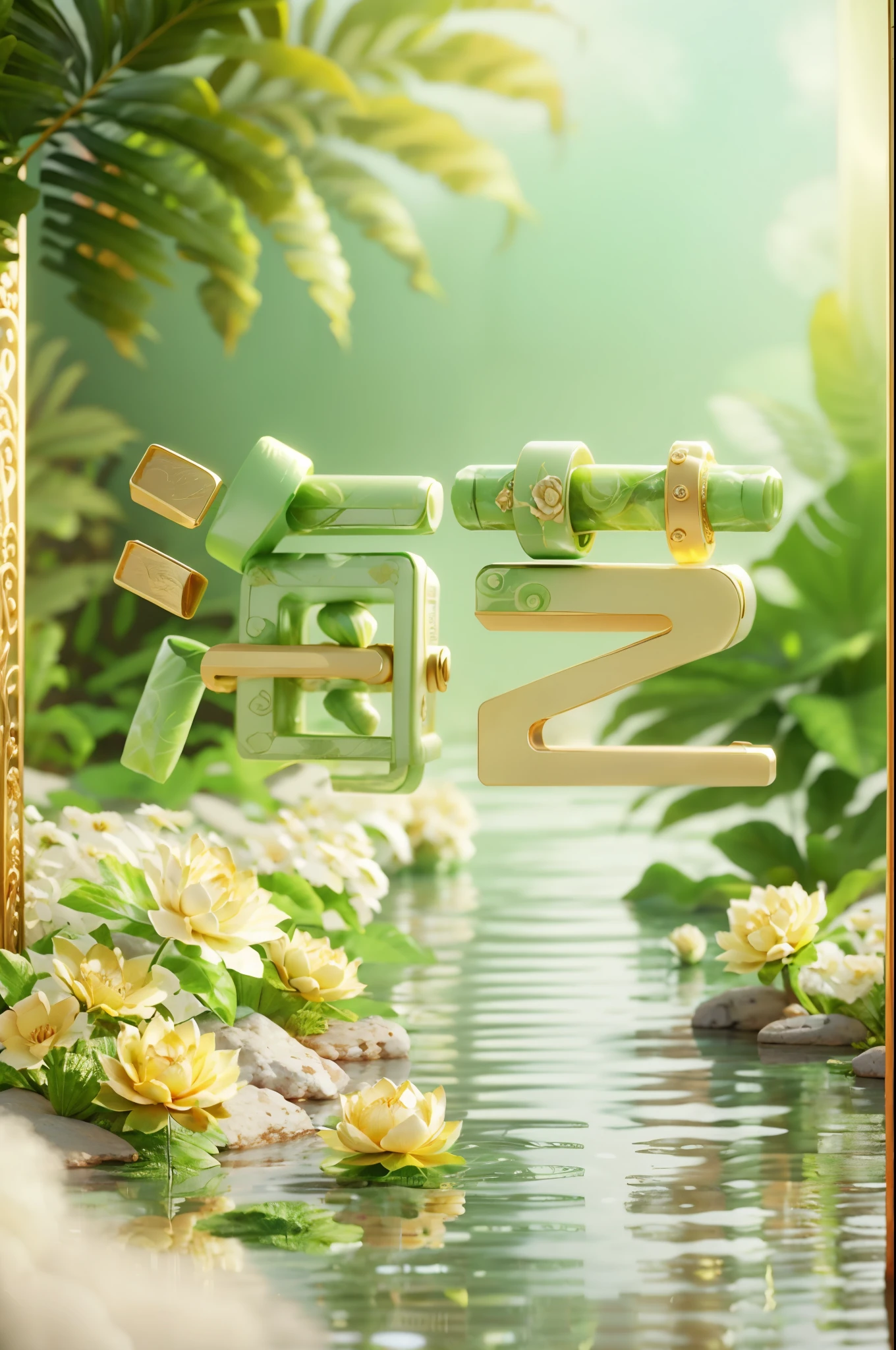 Final quality，a jewellery design，Jade jade，There are flowers on it，Gorgeous jewelry 3D logo，number art，Detailed details，rendering by octane，3d sculpture，lotus flower，volumettic light，Natural soft light，IvoryGoldAI, 3ddianshang\(style\)