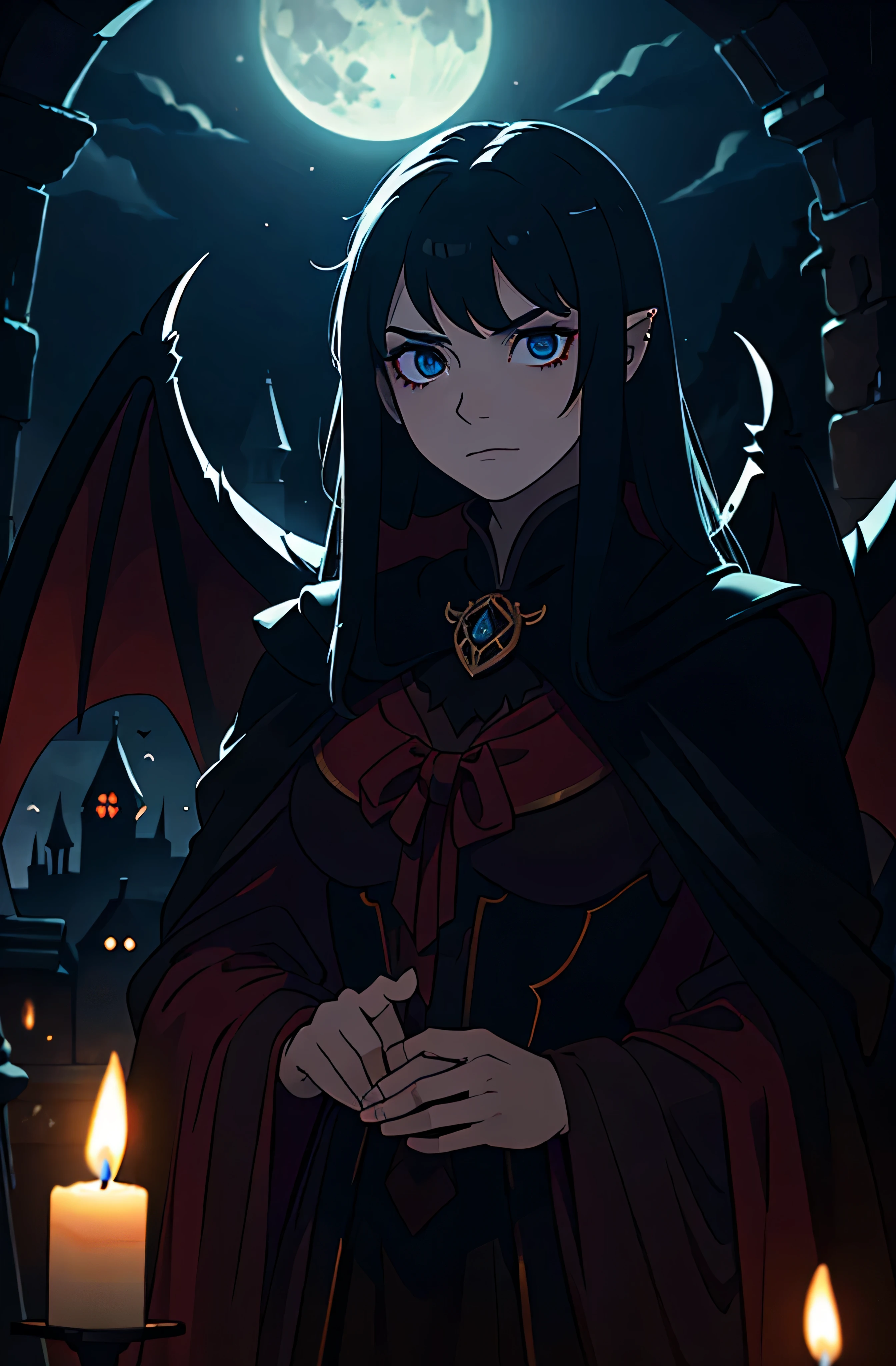 (a)man vampire lord,strong blood armor,a high castle,night,full moon,dark clouds,gloomy atmosphere,detailed gothic architecture,ancient stone walls,candle-lit corridors,shadowy figures lurking,sinister presence,lush velvet curtains,majestic throne room,ominous air,(best quality,4k,8k,highres,masterpiece:1.2),ultra-detailed,hauntingly beautiful,charismatic expression,piercing crimson eyes,bat-like wings,dark aura,portraits,menacing atmosphere,ethereal glow,misty surroundings,intense stare,vivid colors,moonlight streaming through stained glass windows,dramatic lighting,ominous shadows,hauntingly captivating,terrifying beauty