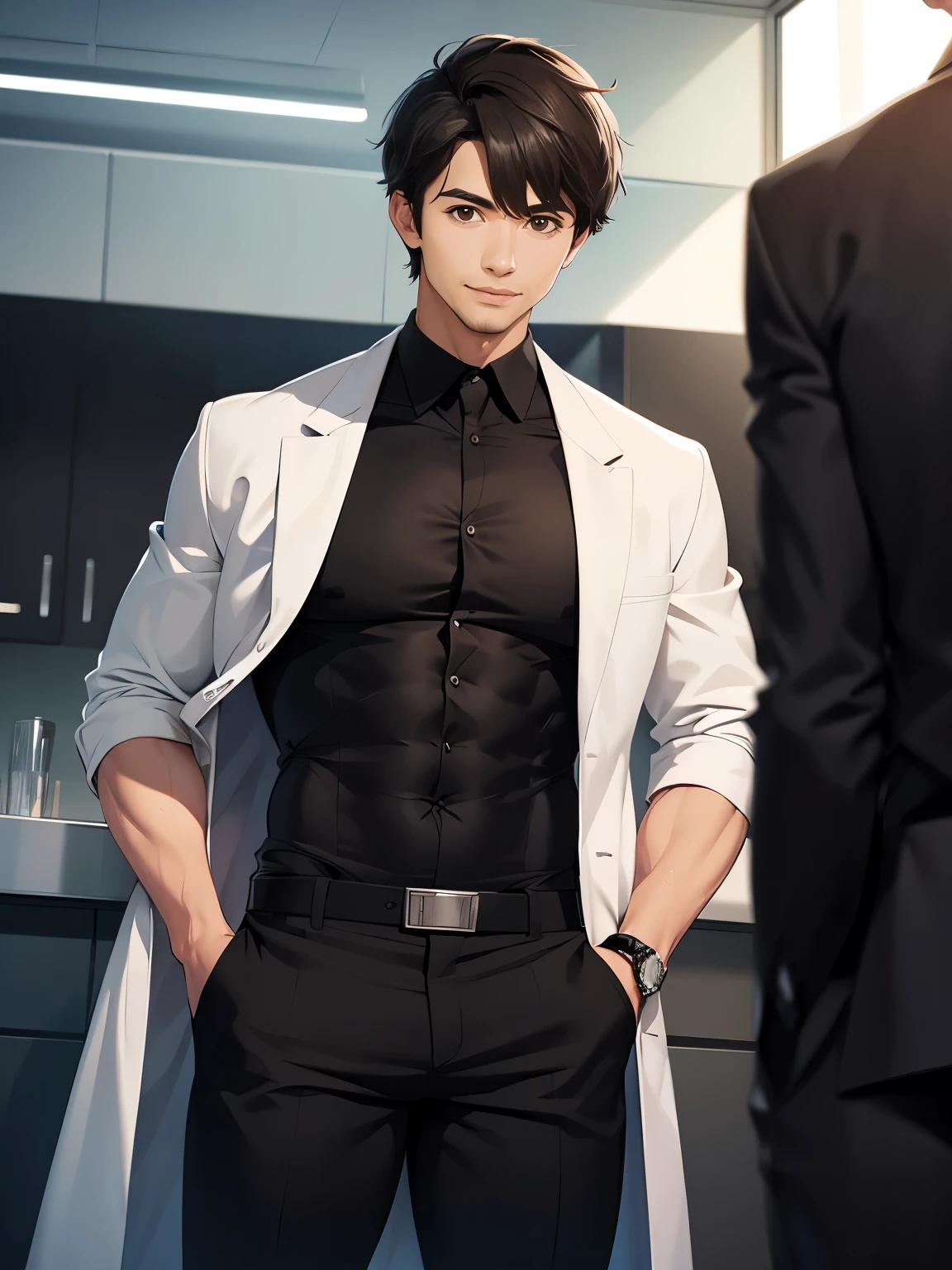 Man, guy, lab coat, black pants, black shirt, short hair, brown eyes, laboratory, masculine, male, masculinity