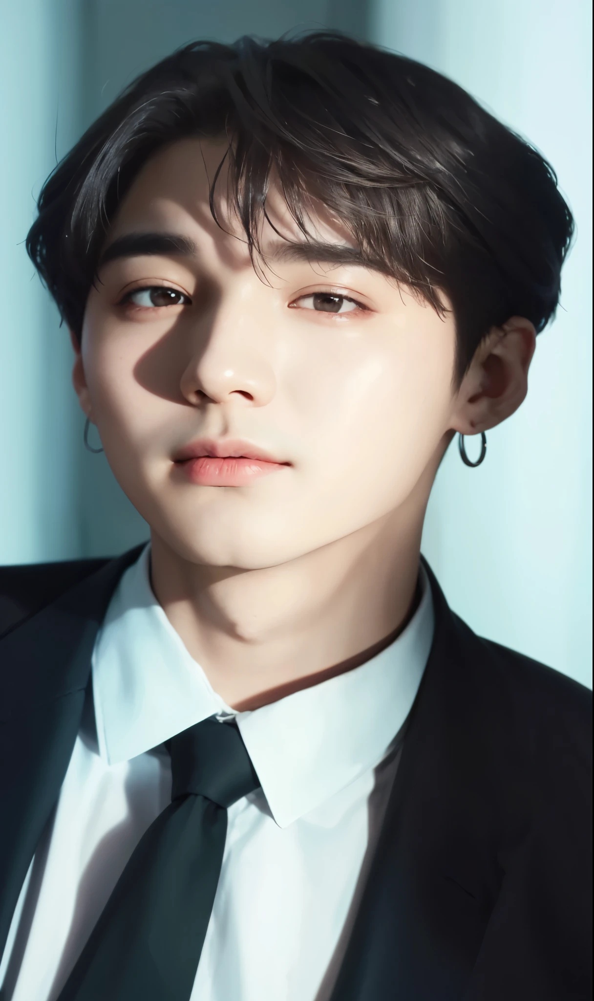 Imagen arafada de un hombre con traje y corbata mirando hacia un lado., yoongi de pelo rojo, Yoongi, kpop idol portrait, Yoongi\los labios carnosos, pale, bts, joven ángel pale, BTS Min Yoongi