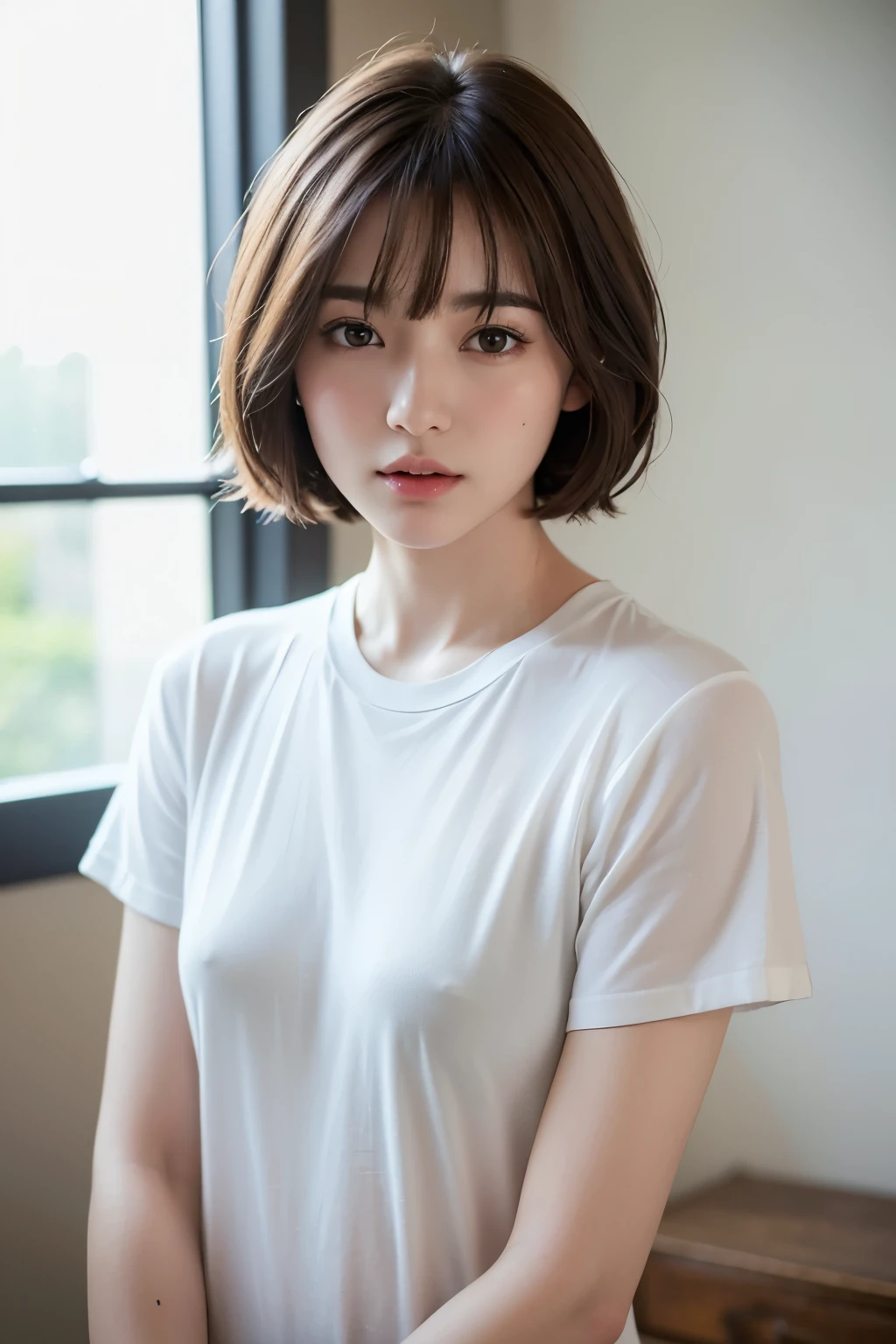 highest quality、masterpiece、Super high resolution、(Photoreal:1.4)、RAW photo、1 girl、short hair、With bangs、brown hair、Eye and face details、simple white t-shirt、natural soft light、date、frontage、deep shadow、low key、medium shot